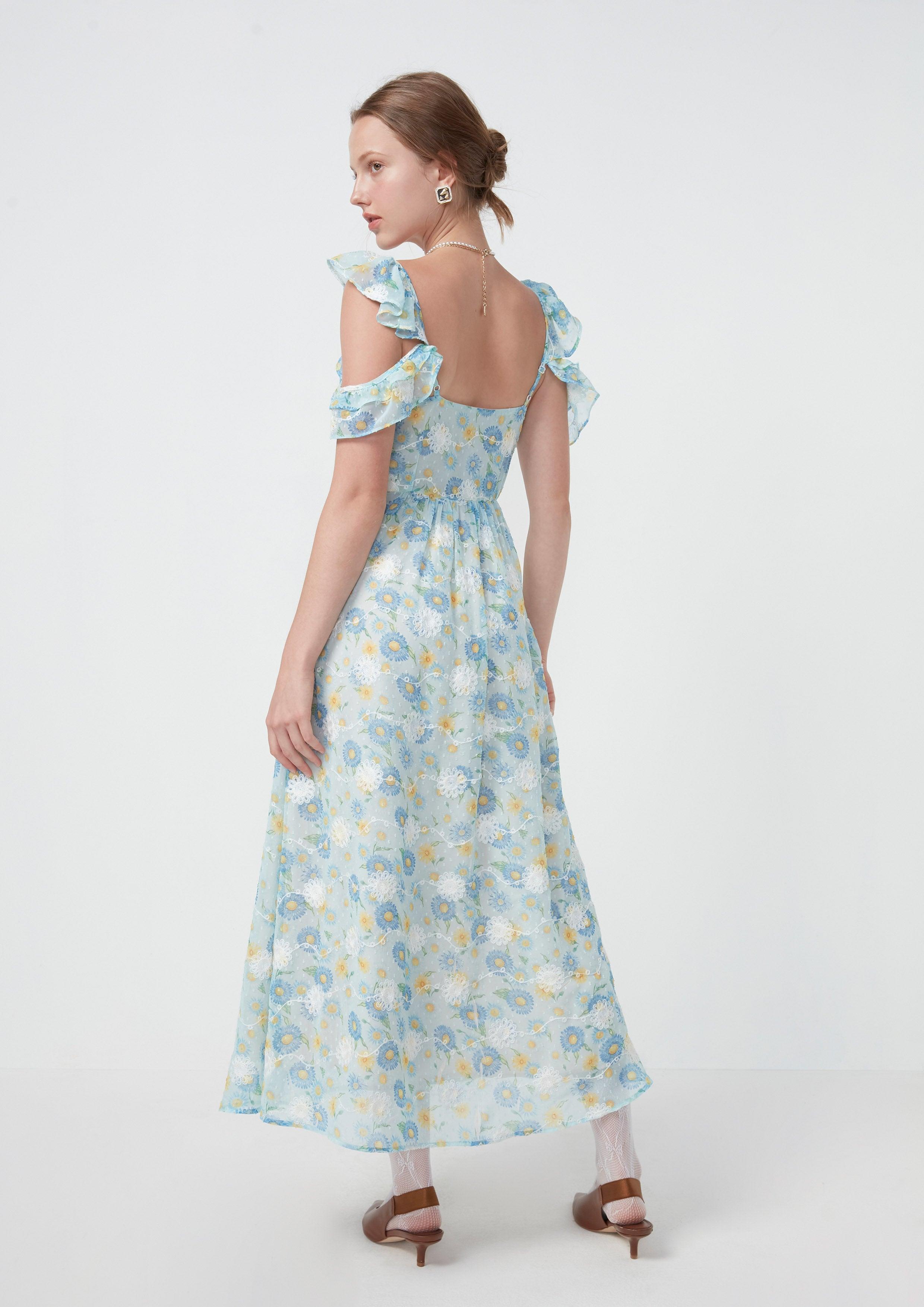 Nostalgia Chronicles Peekaboo Shoulder Sheer Floral Dress Blue