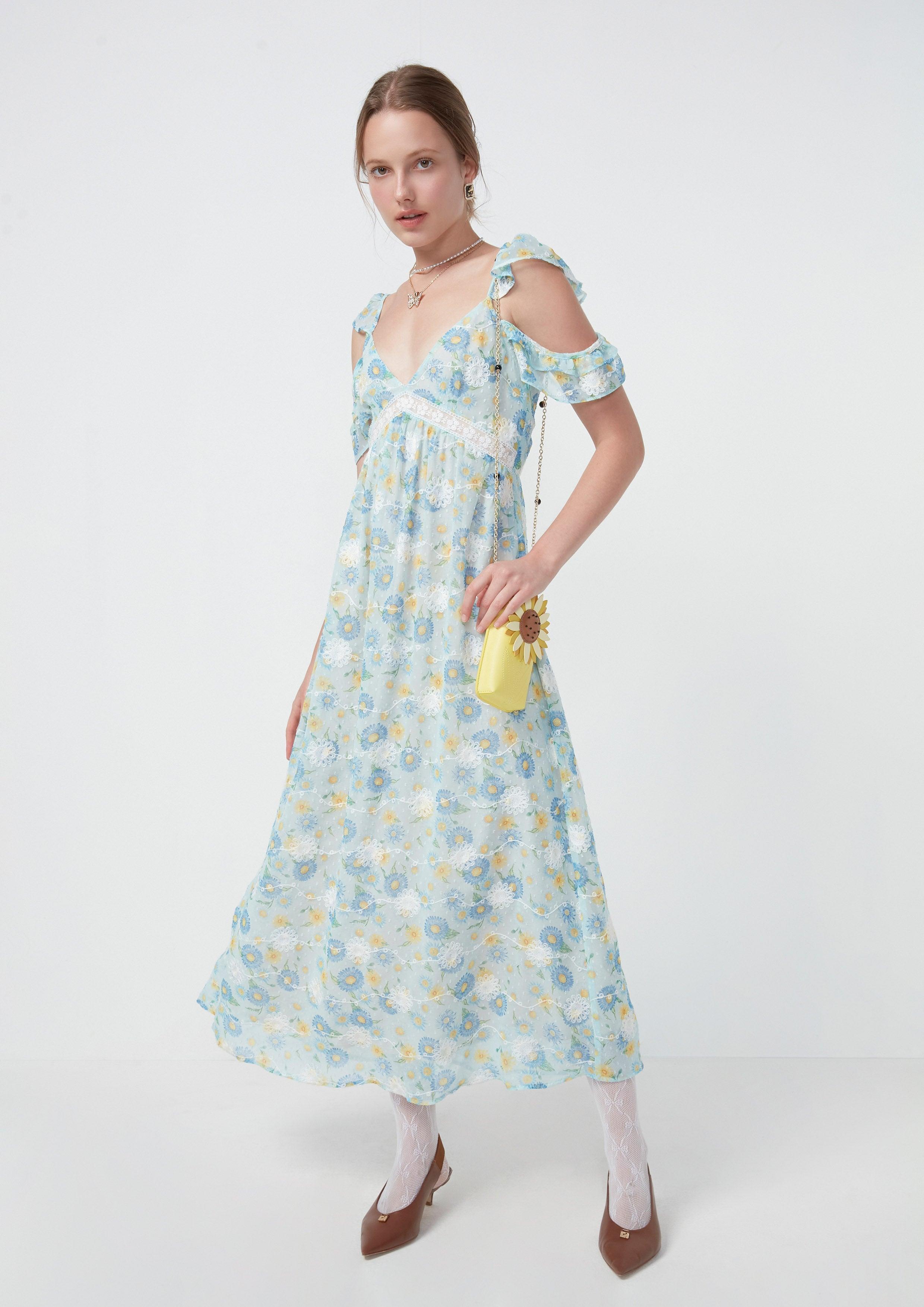 Nostalgia Chronicles Peekaboo Shoulder Sheer Floral Dress Blue