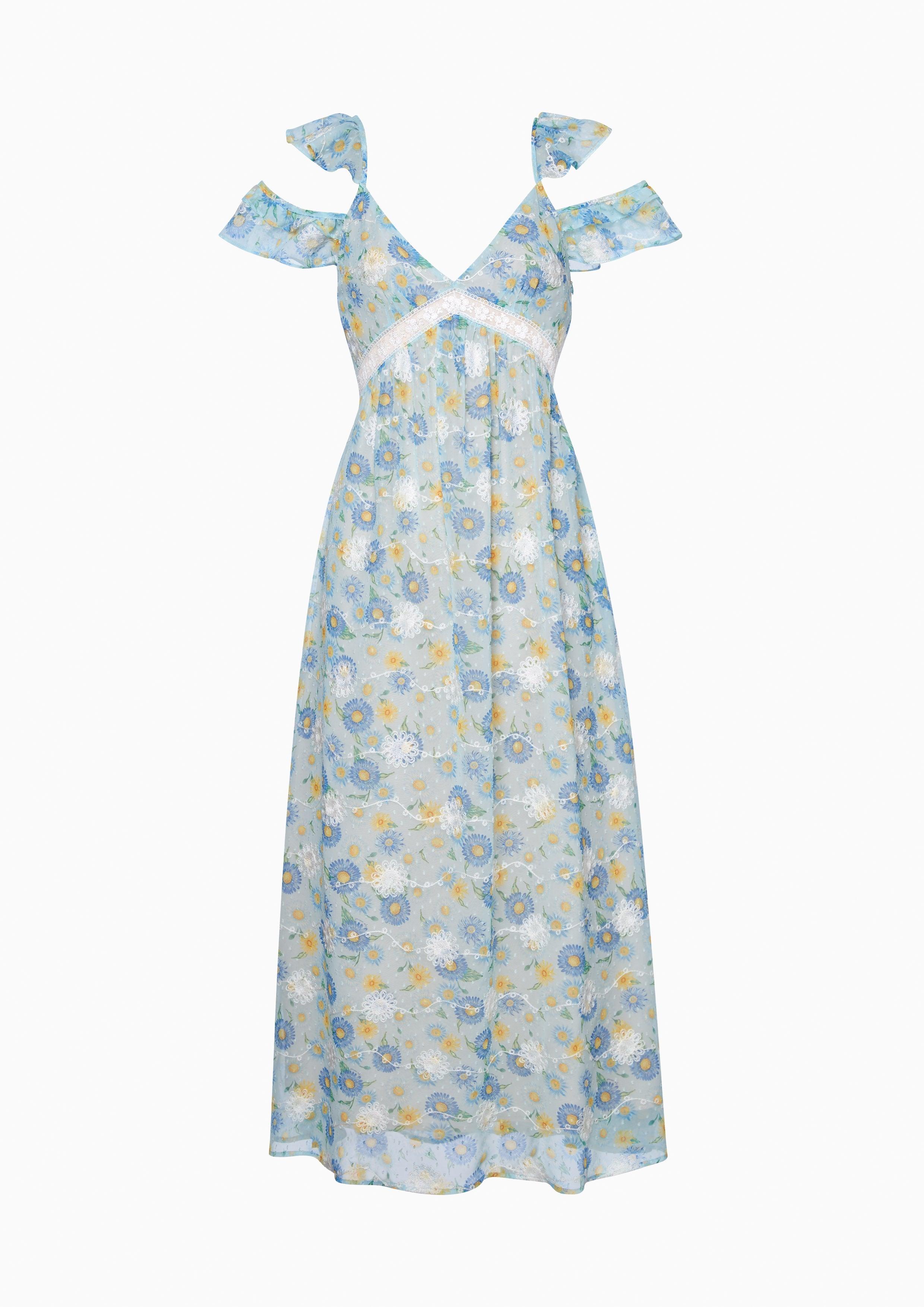 Nostalgia Chronicles Peekaboo Shoulder Sheer Floral Dress Blue