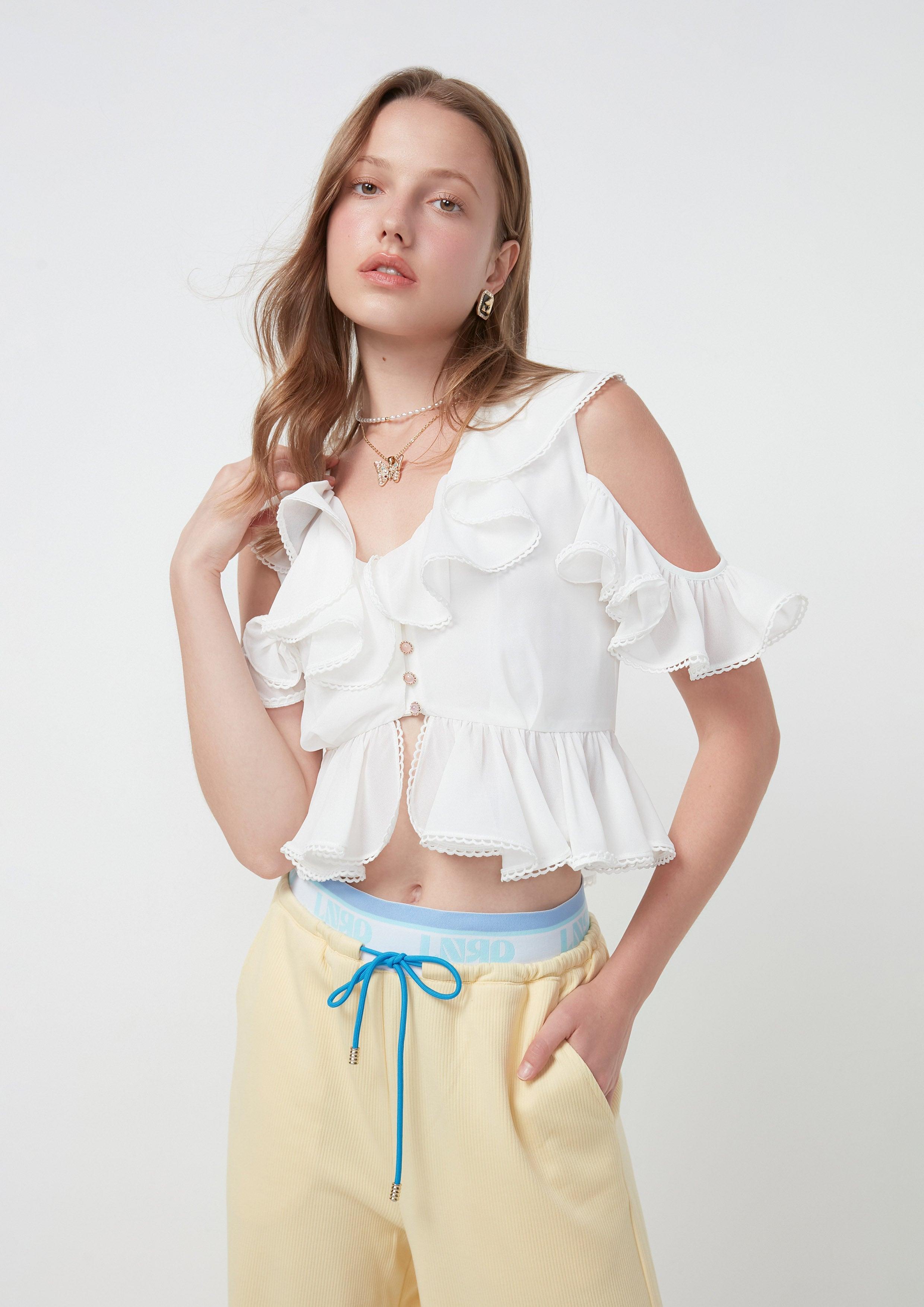 Peekaboo Shoulder Ruffled Crop Blouse White