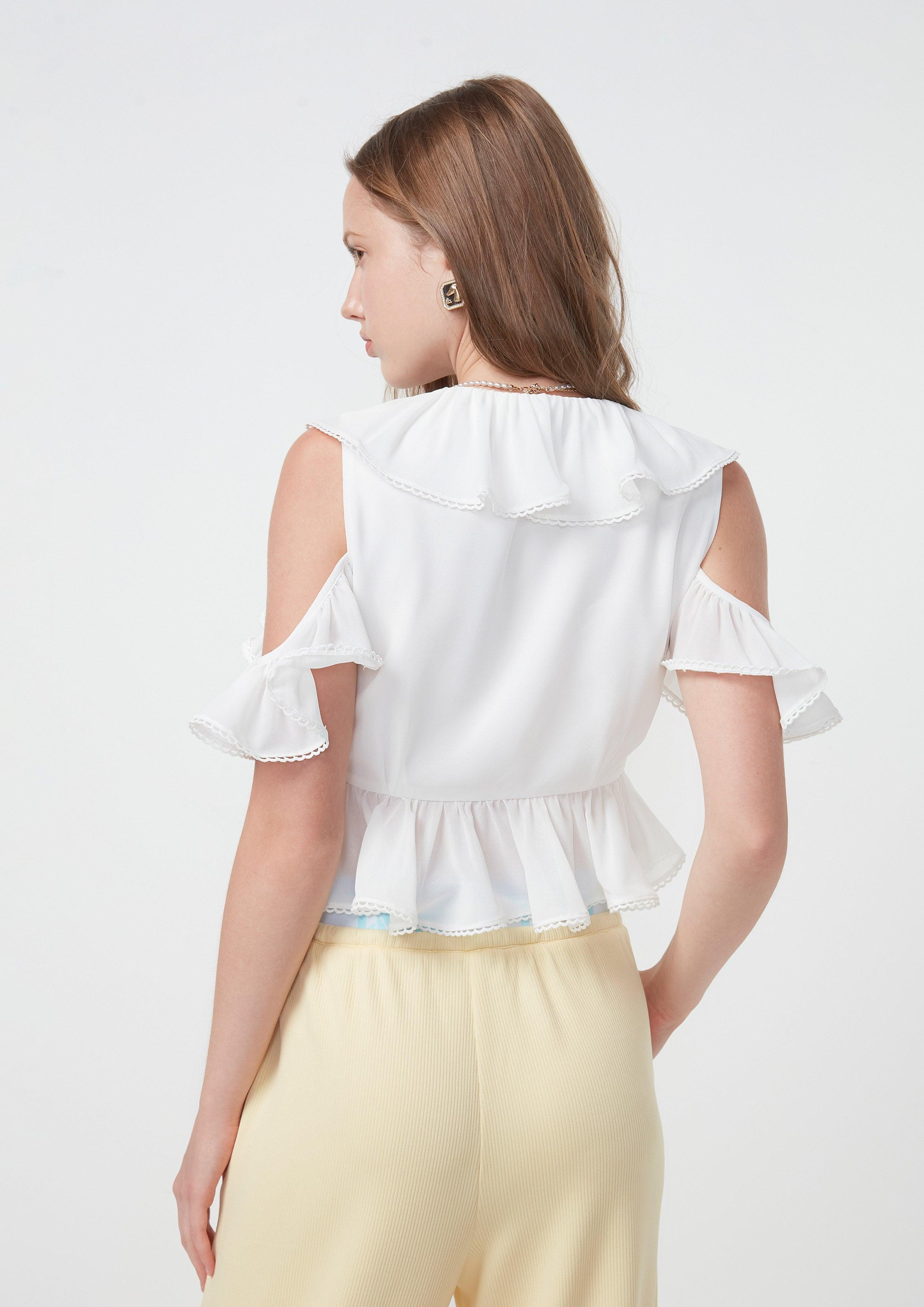 Peekaboo Shoulder Ruffled Crop Blouse White