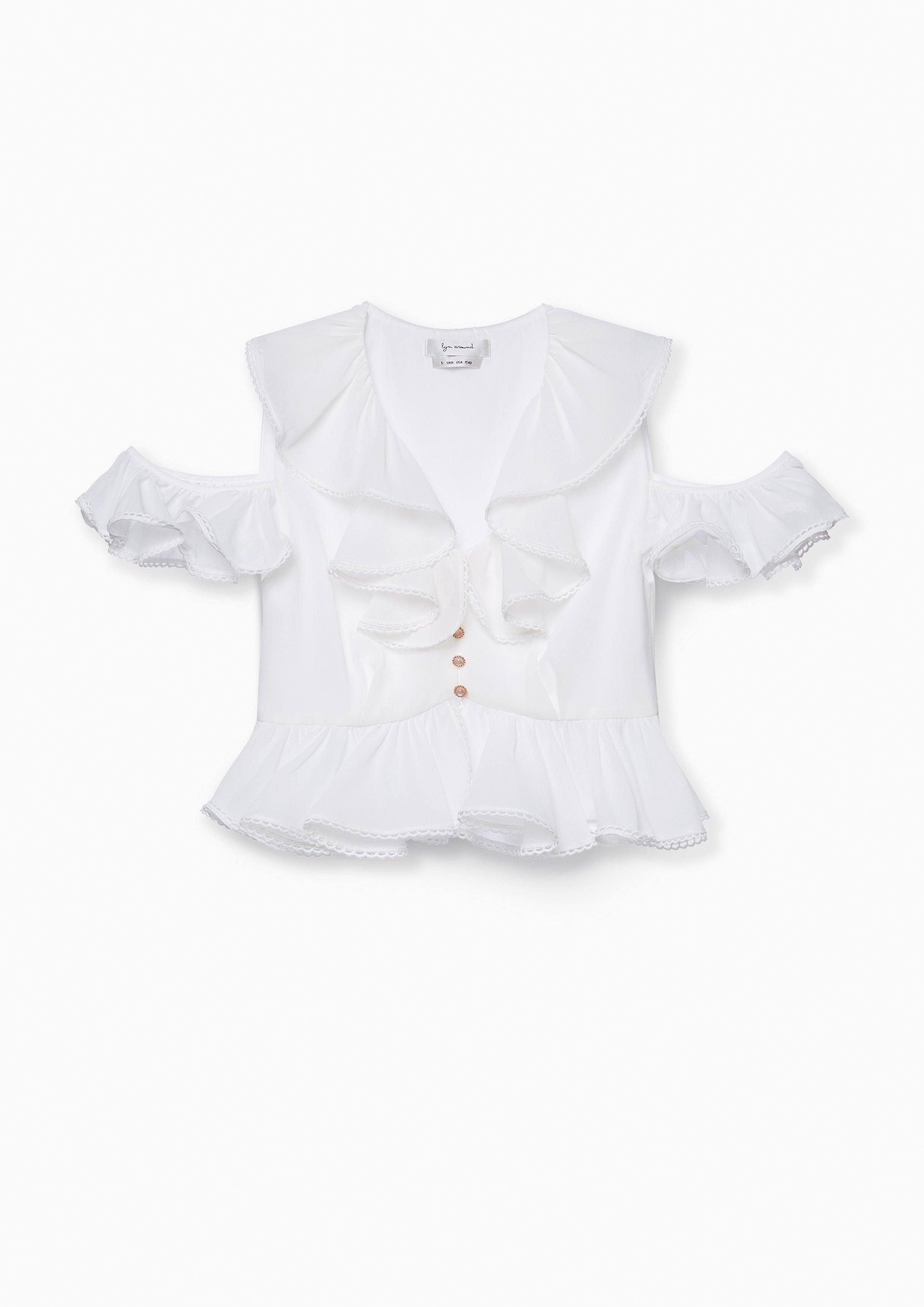 Peekaboo Shoulder Ruffled Crop Blouse White