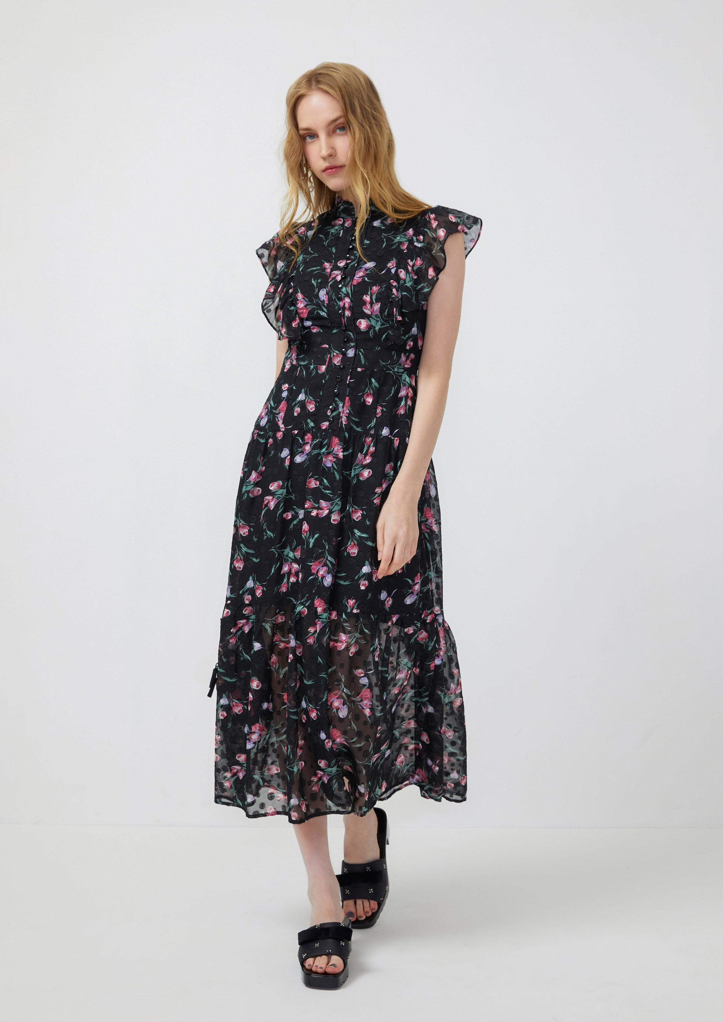 Femme Power Ruffled Floral Midi Dress Black