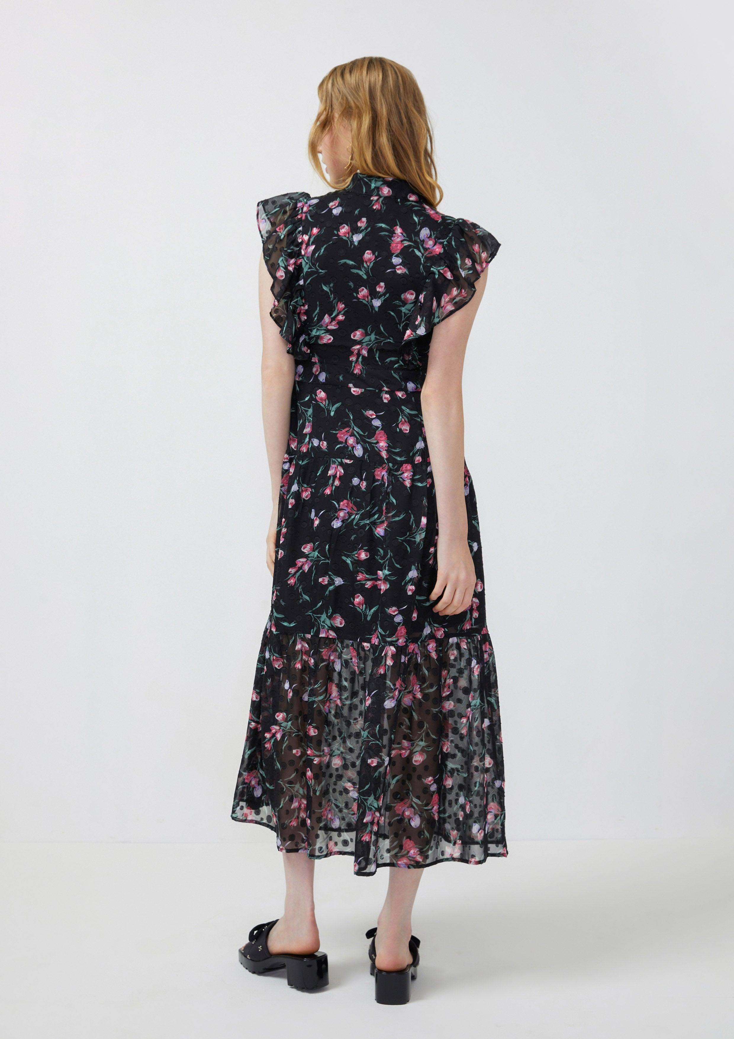 Femme Power Ruffled Floral Midi Dress Black