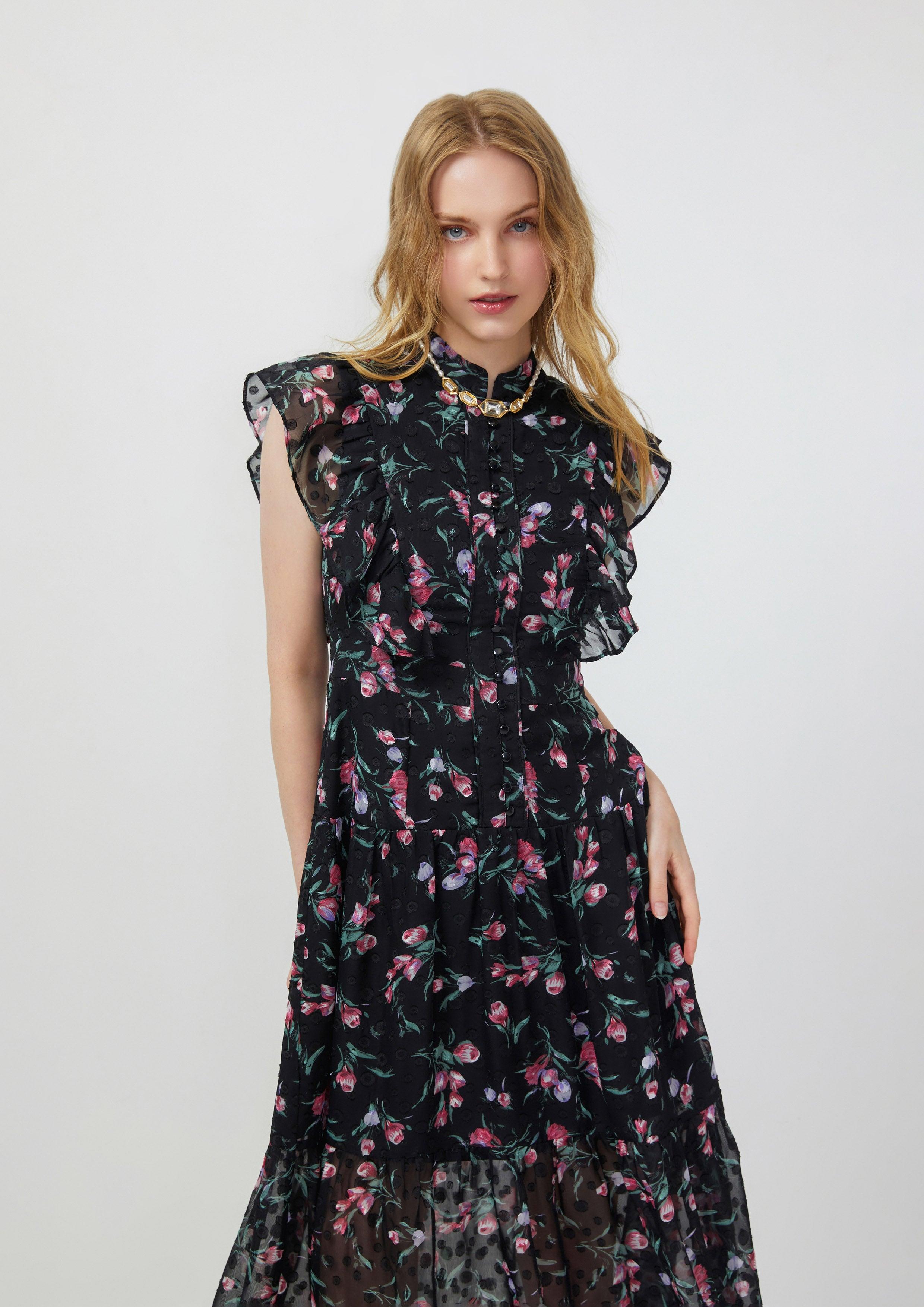 Femme Power Ruffled Floral Midi Dress Black