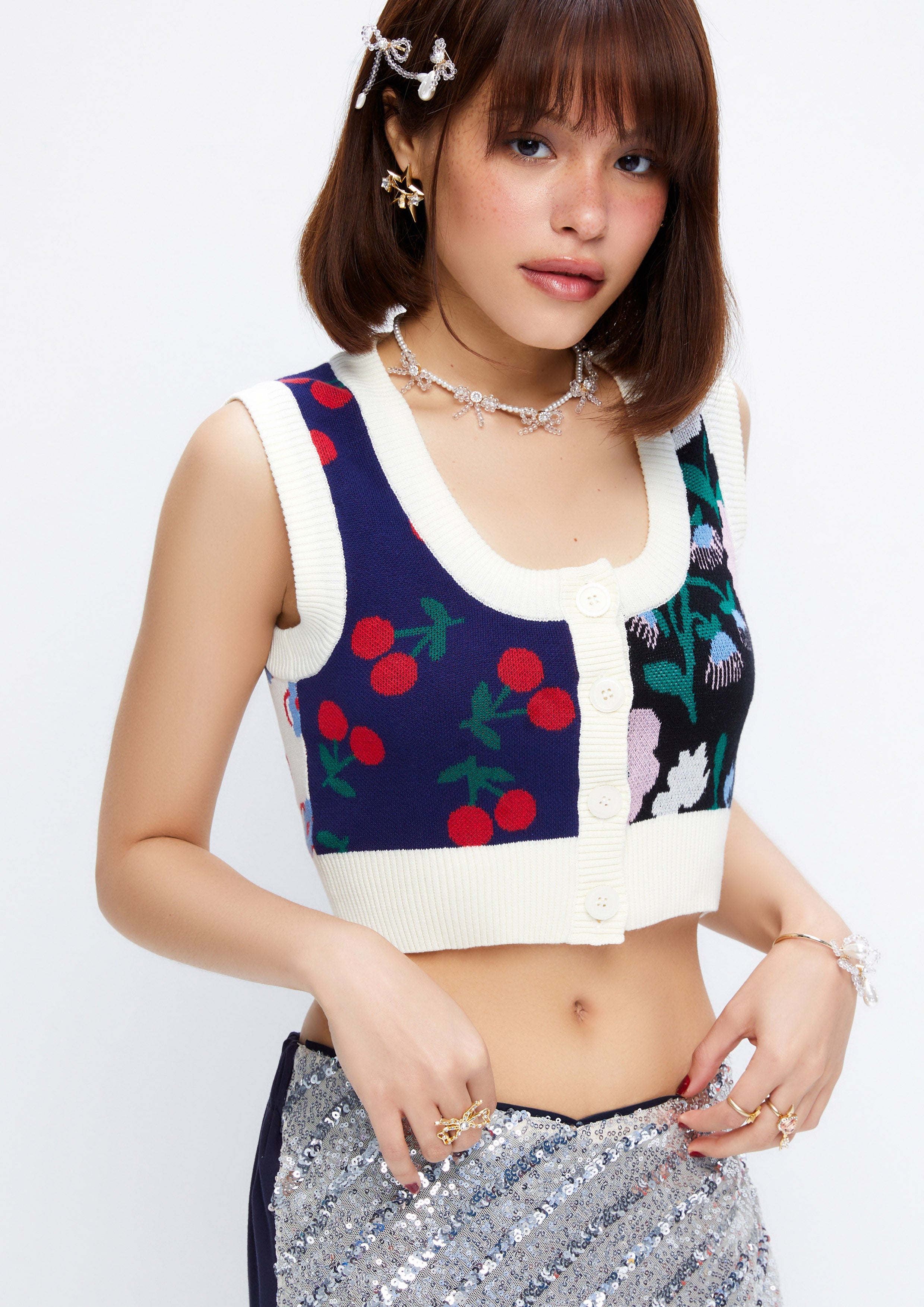 Floral and Cherry Patchwork Cropped Sweater Vest Dreamweaver Troop Collection