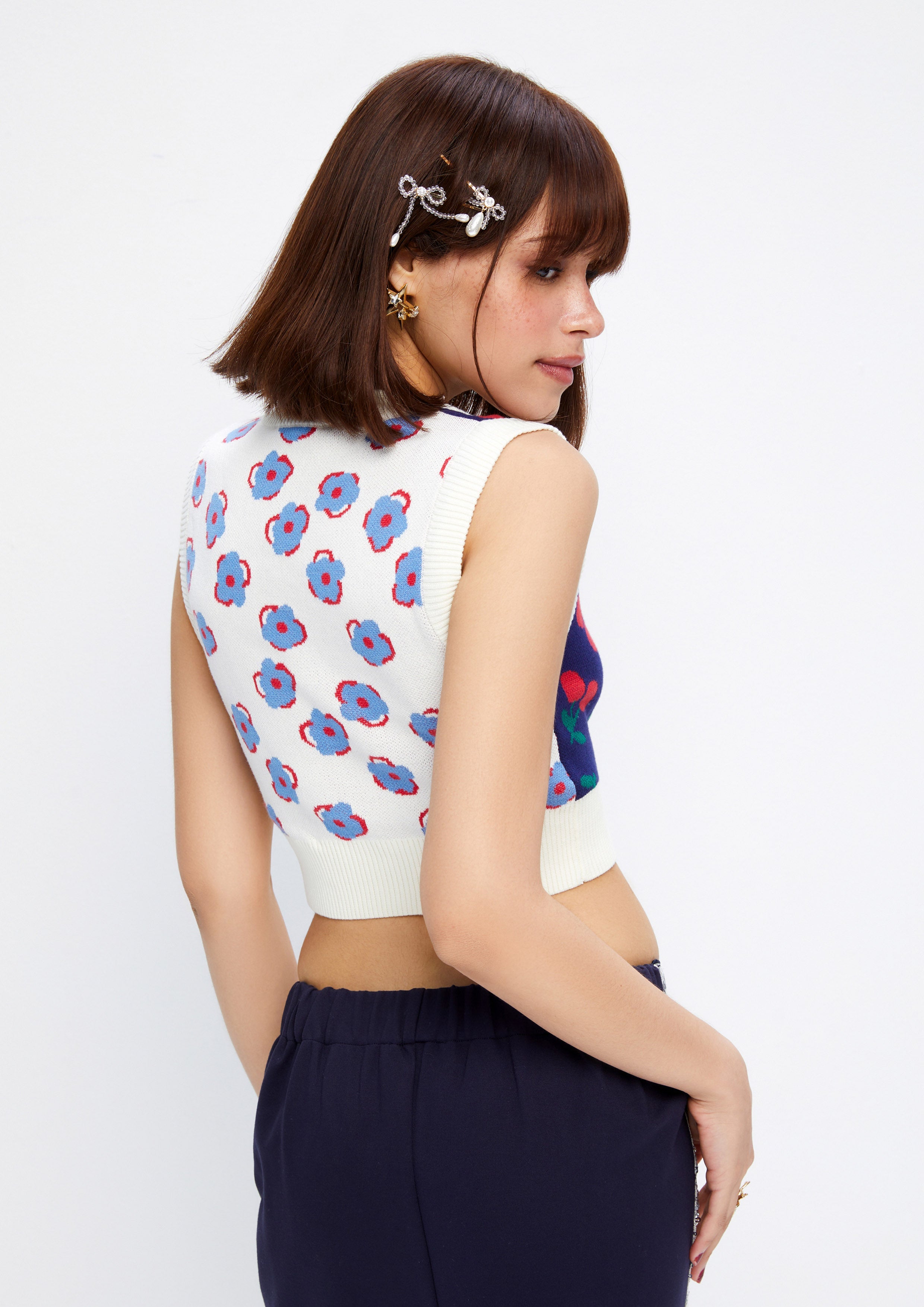 Floral and Cherry Patchwork Cropped Sweater Vest Dreamweaver Troop Collection