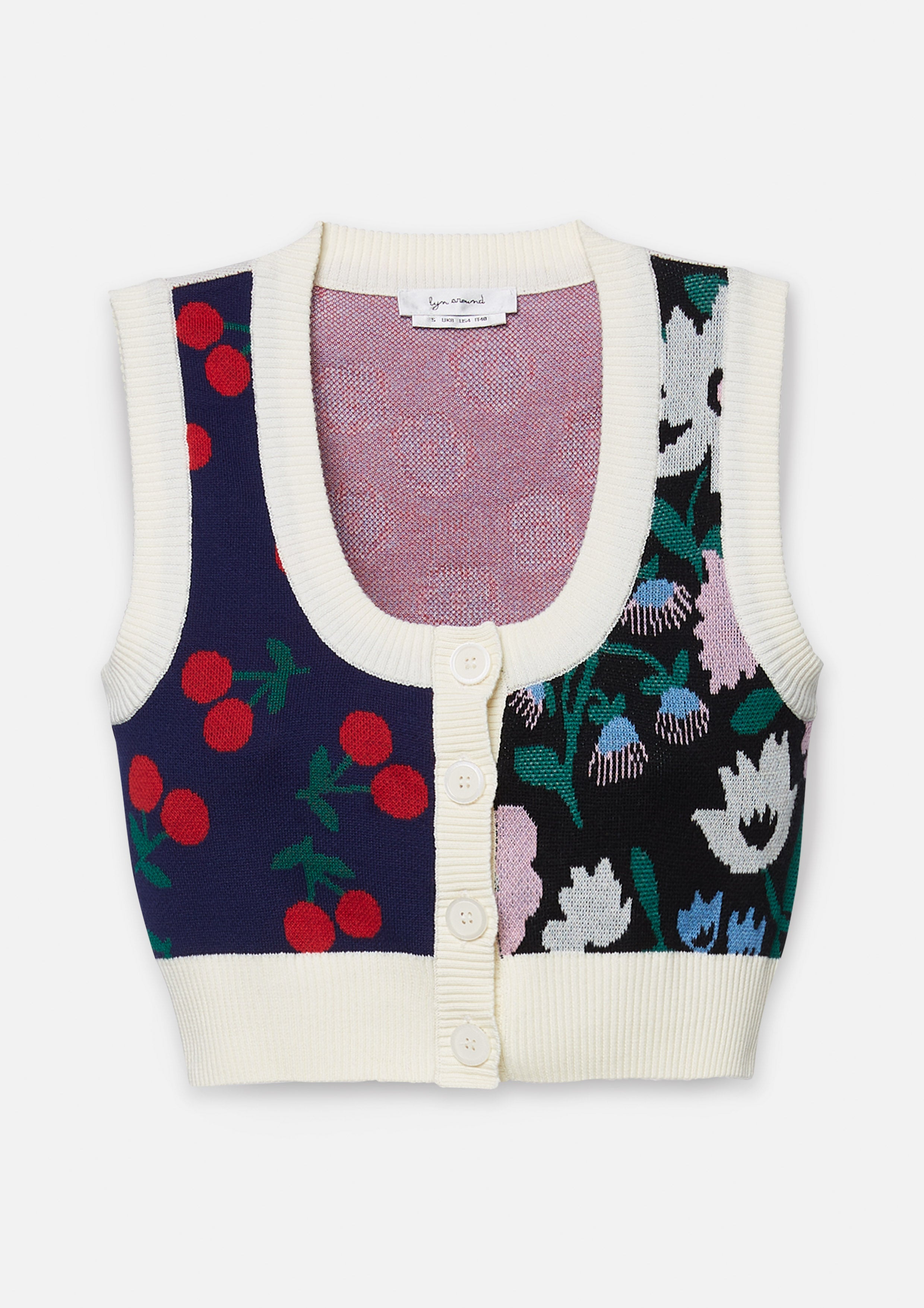 Floral and Cherry Patchwork Cropped Sweater Vest Dreamweaver Troop Collection