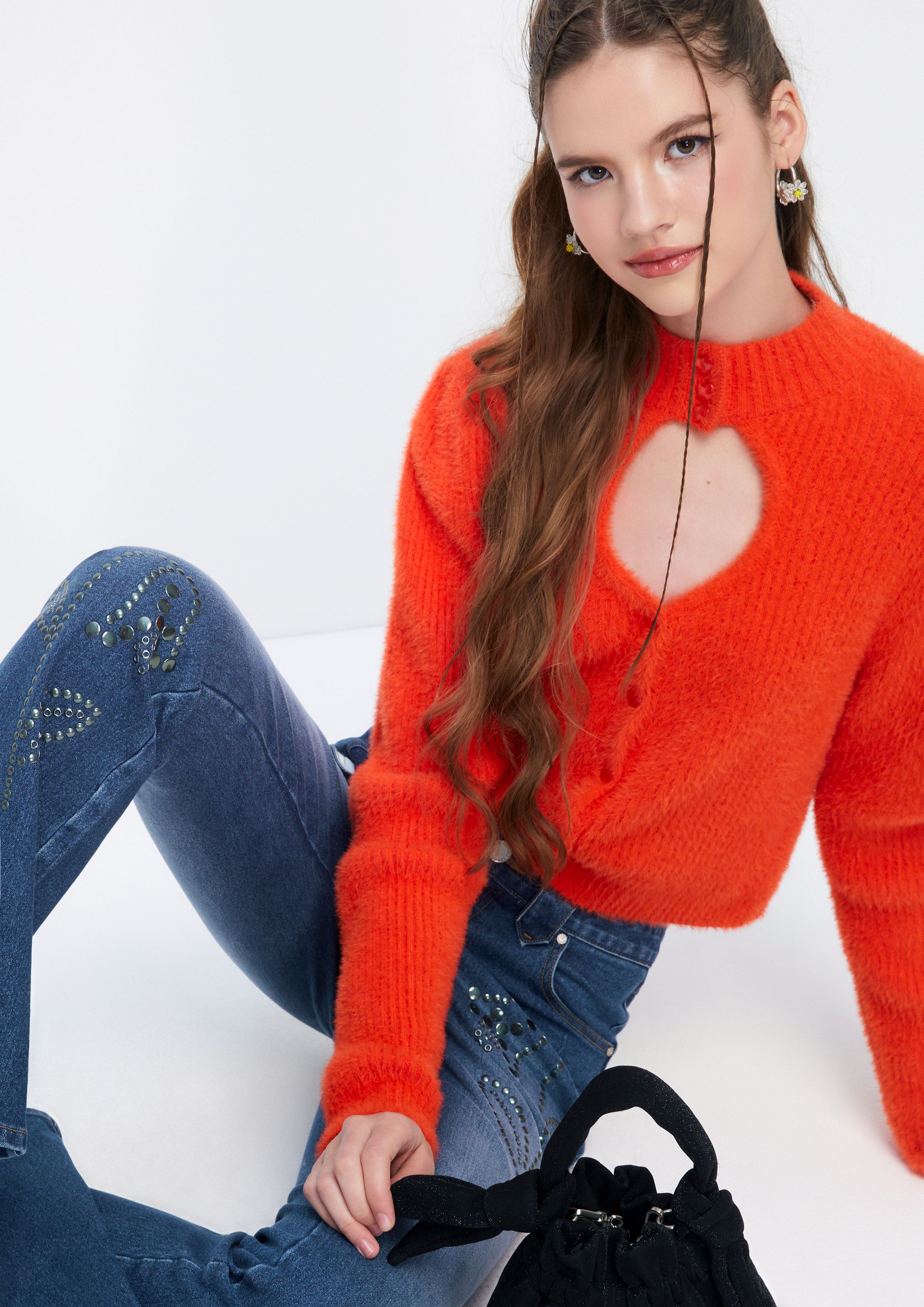 Center Chest Cutout Ribbed Knit Cardigan Retro Rewind Collection