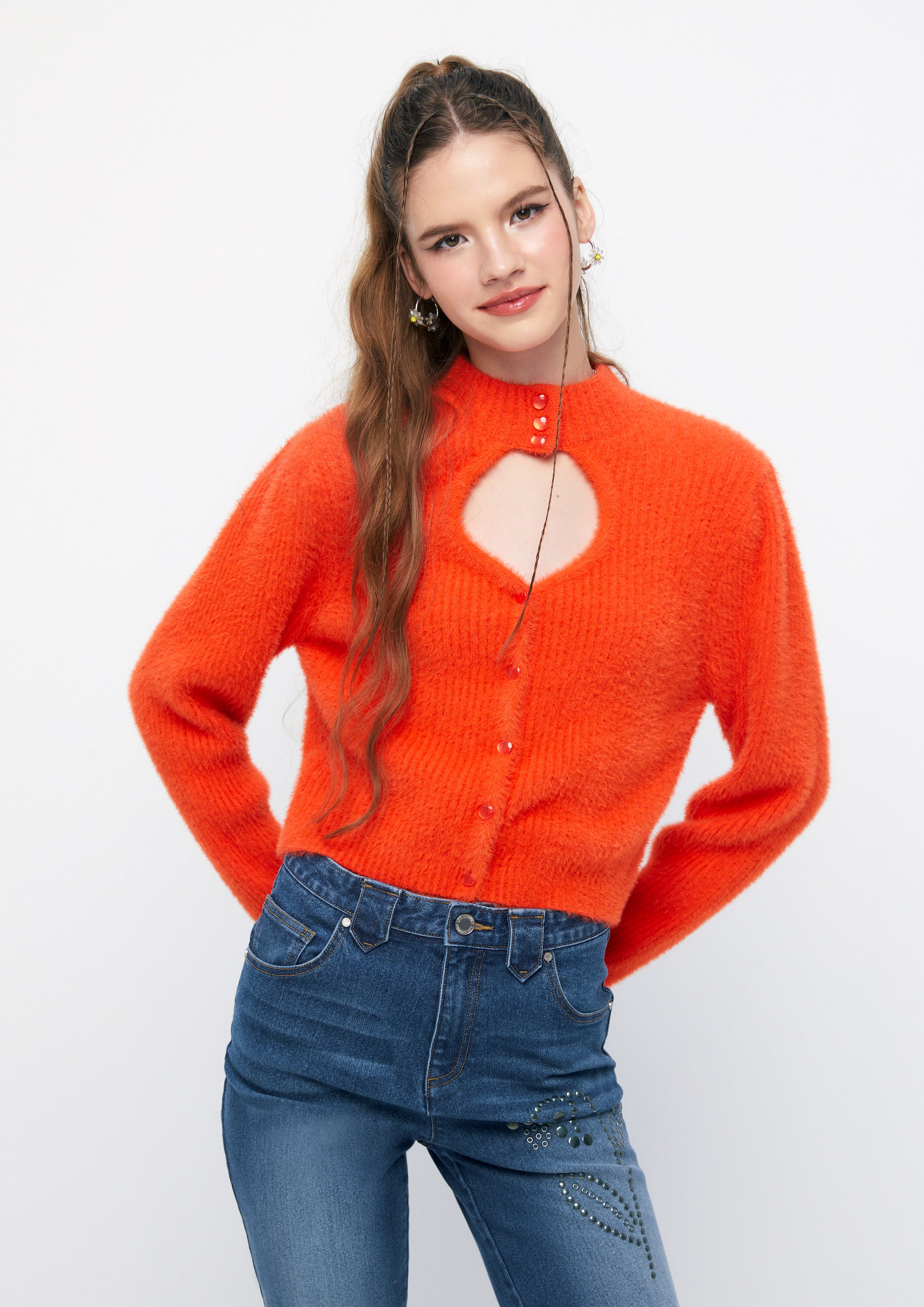 Center Chest Cutout Ribbed Knit Cardigan Retro Rewind Collection