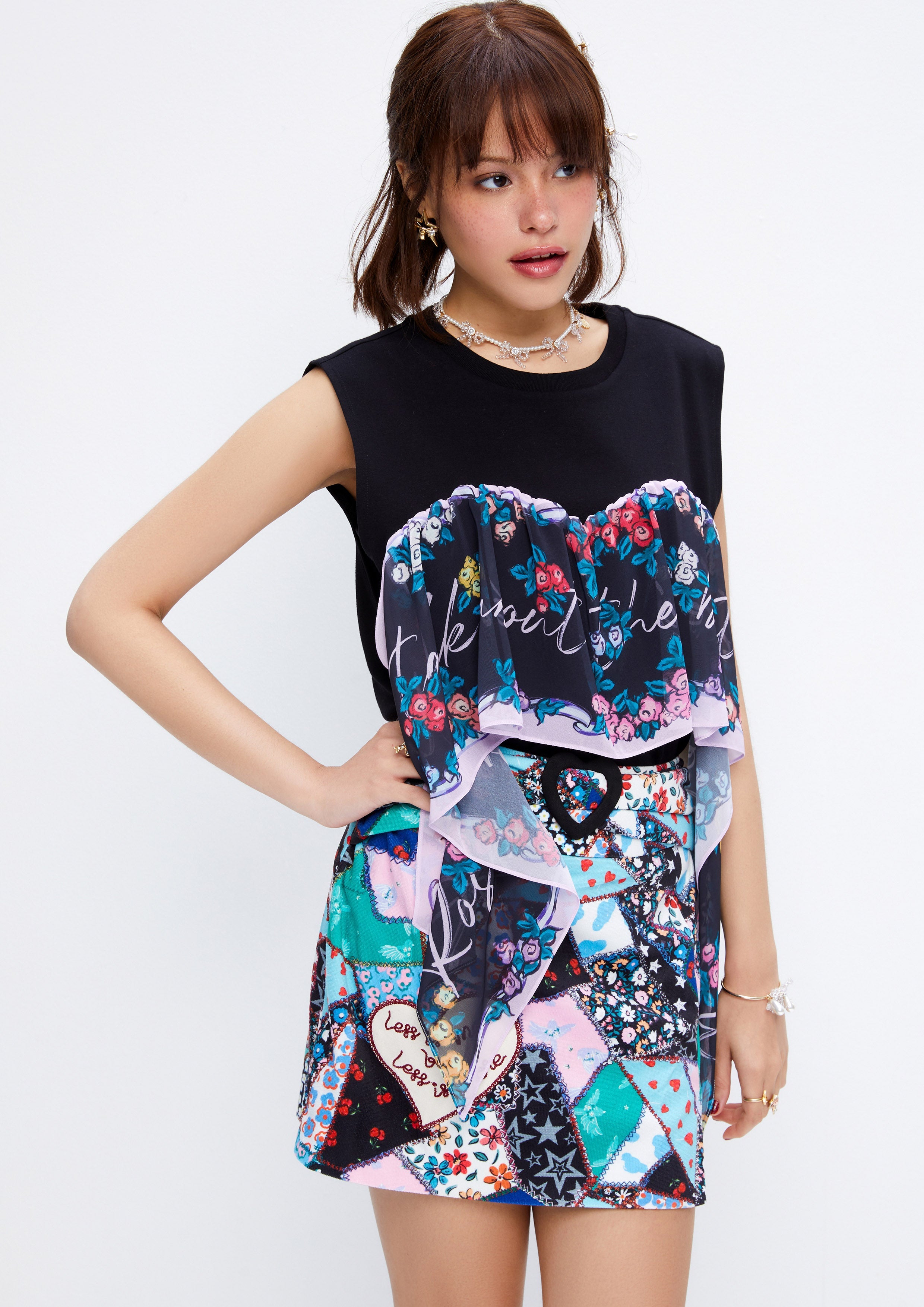 Floral Ruffle Scarf Layered Sleeveless Top Retro Rewind Collection