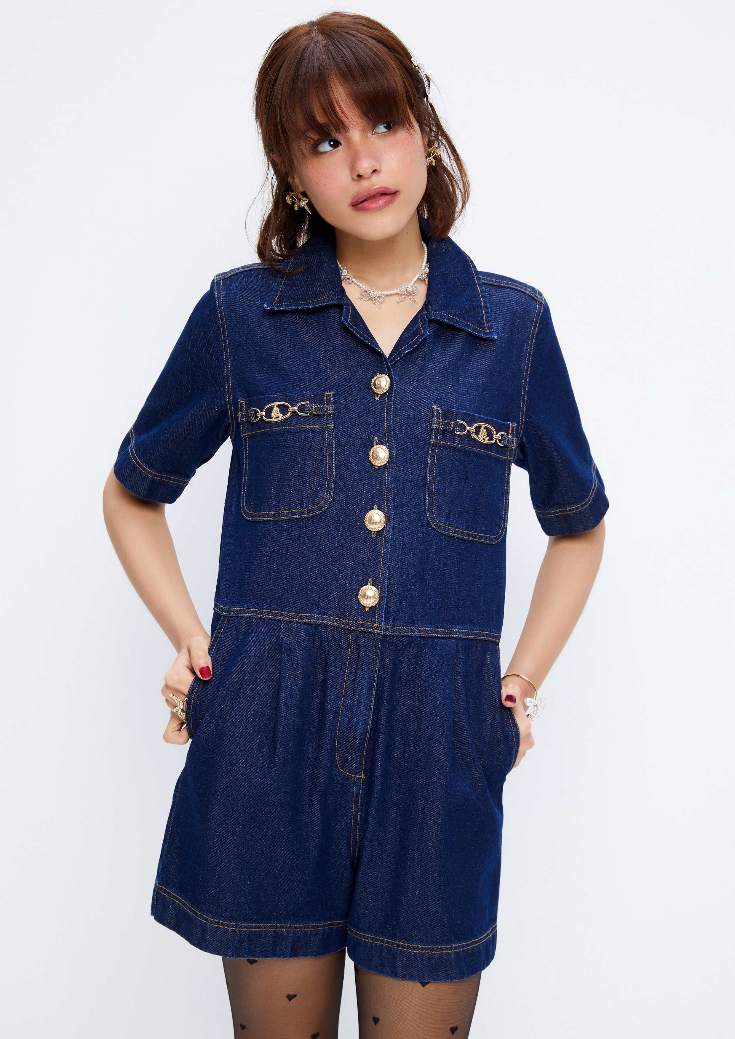 Chain Embellished Denim Romper The class of 2002 Collection