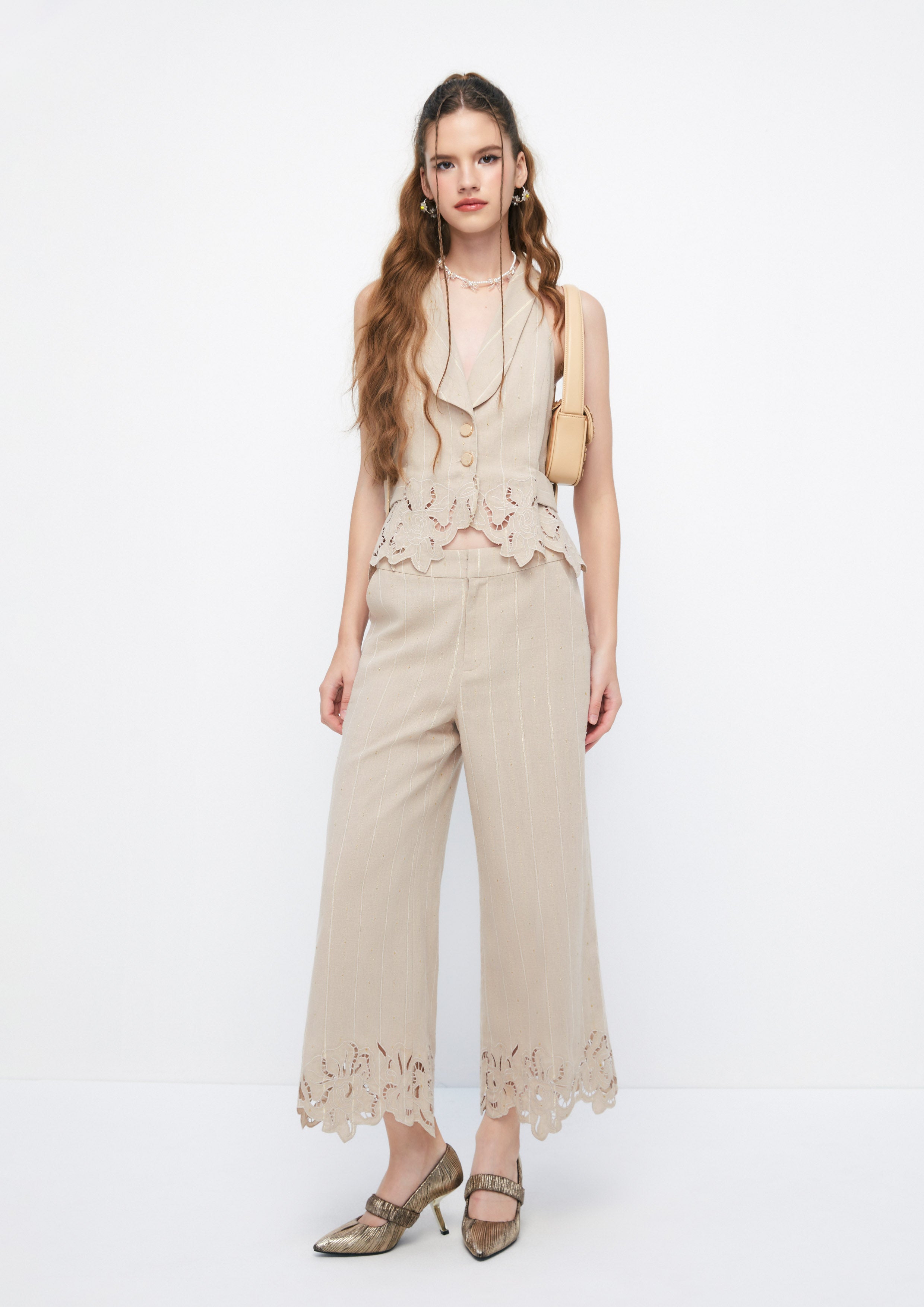 Floral Embroidery Cut-Out Striped Trousers Retro Rewind Collection