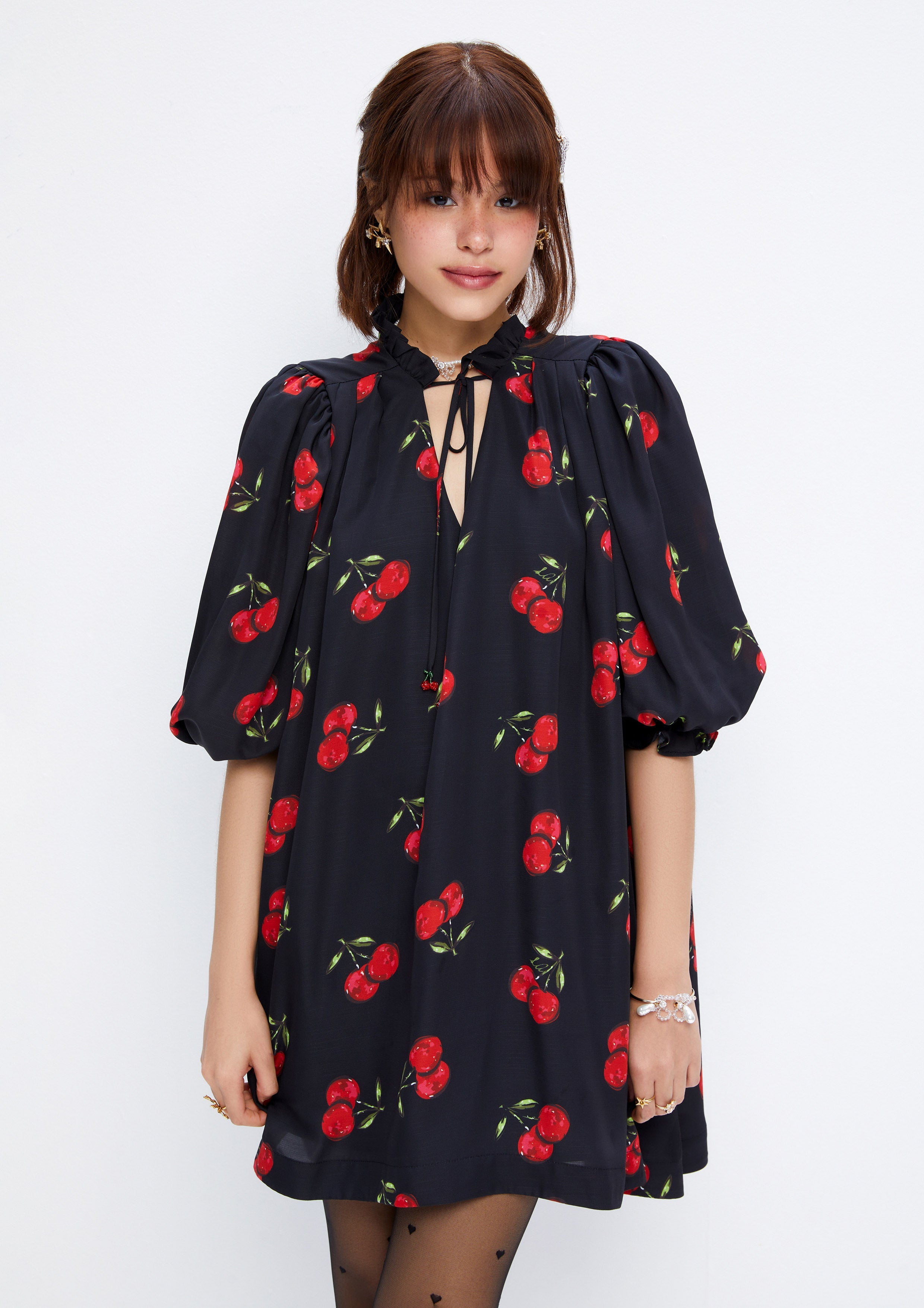 Cherry Printed Ruffle Puffed Sleeve Mini Dress Retro Rewind Collection