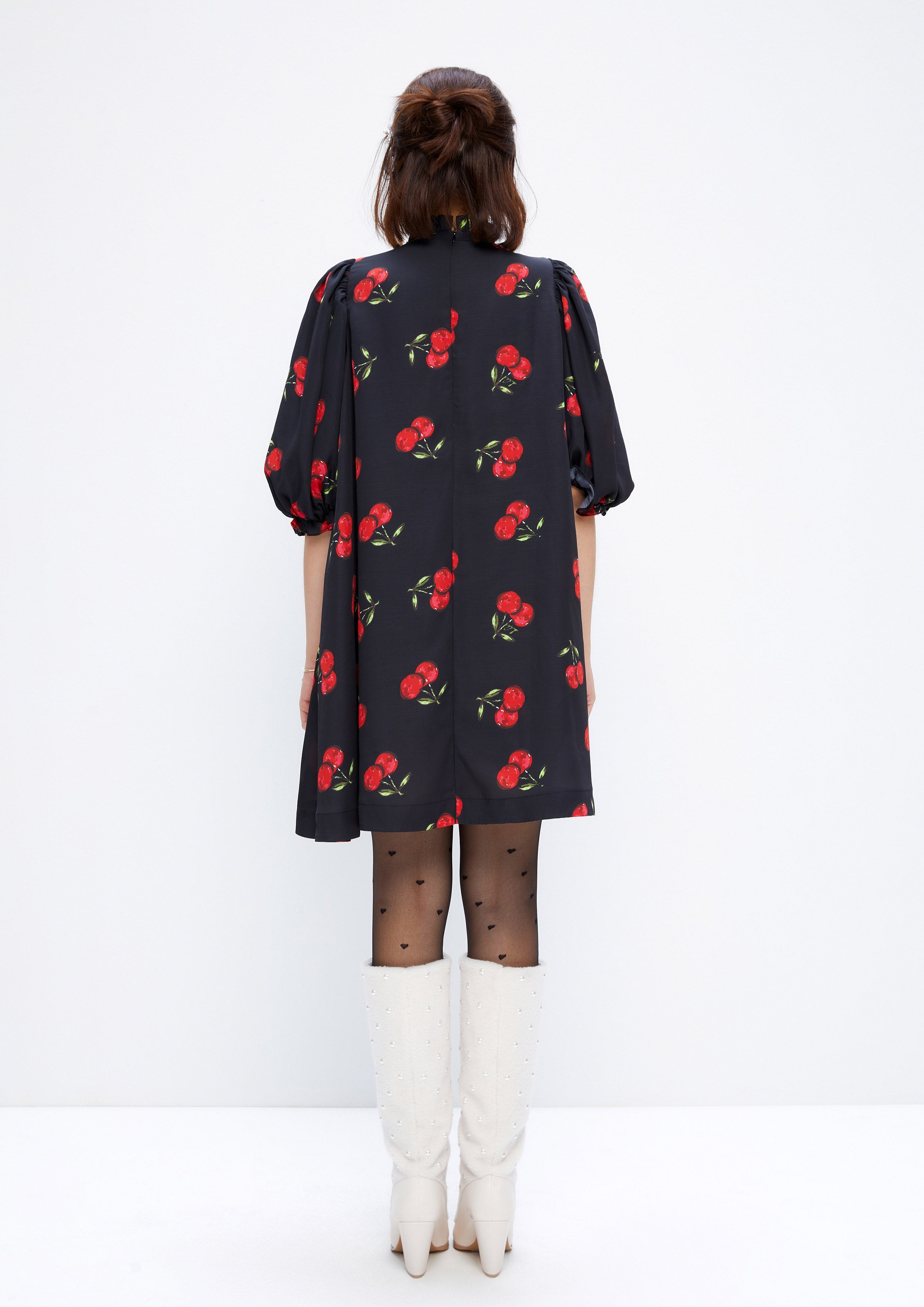 Cherry Printed Ruffle Puffed Sleeve Mini Dress Retro Rewind Collection