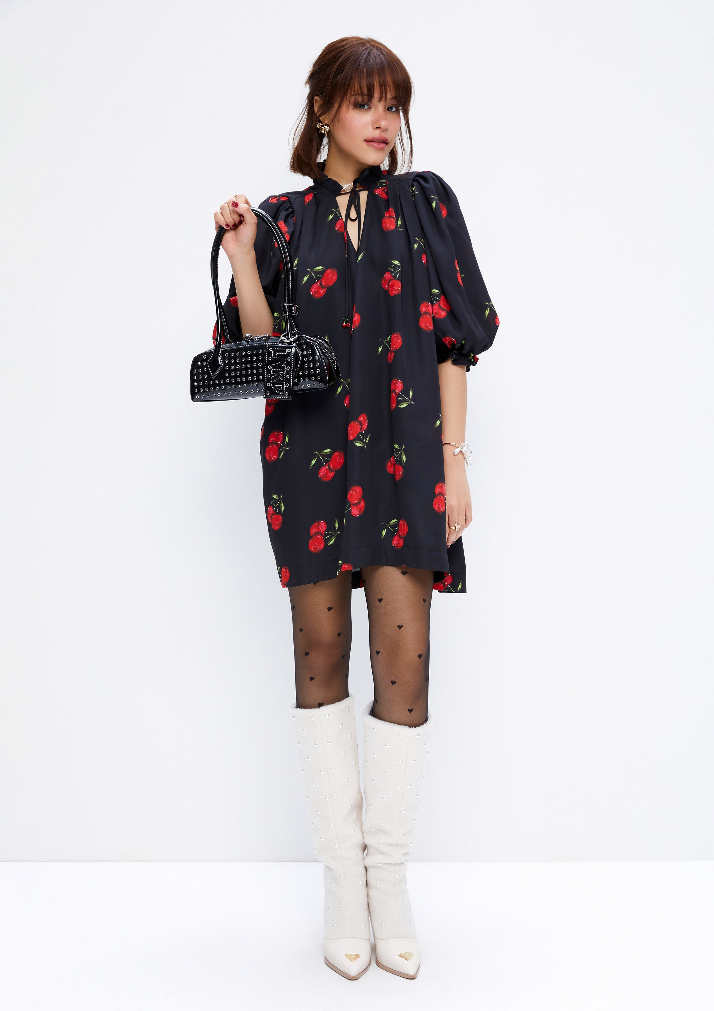 Cherry Printed Ruffle Puffed Sleeve Mini Dress Retro Rewind Collection