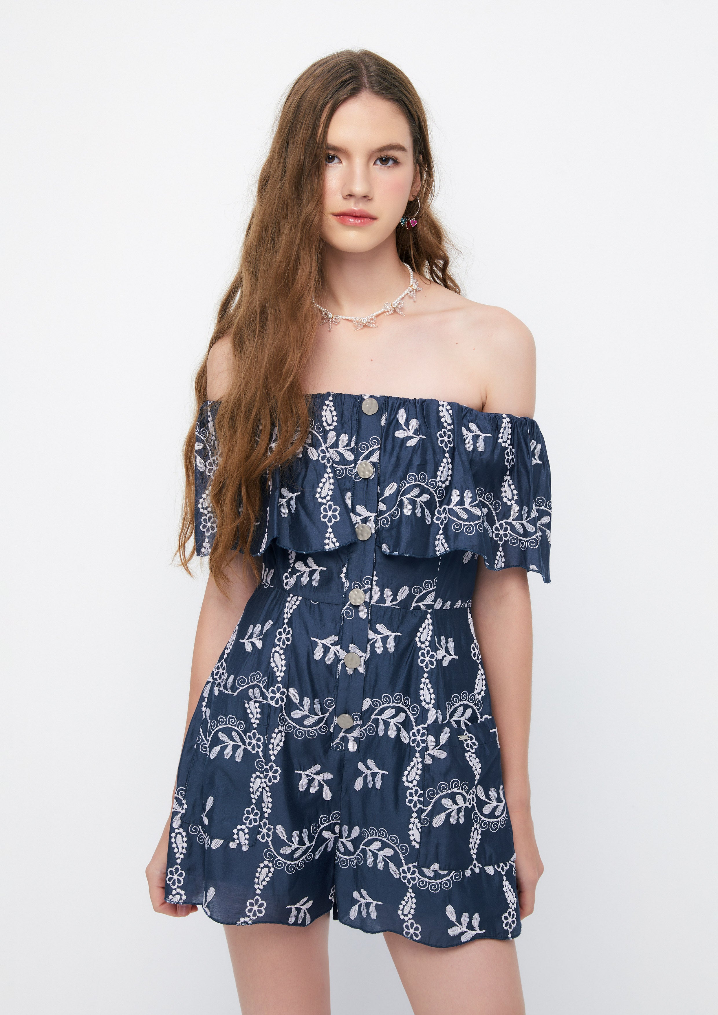 Floral Vines Embroidery Ruffle Off-Shoulder Romper Retro Rewind Collection