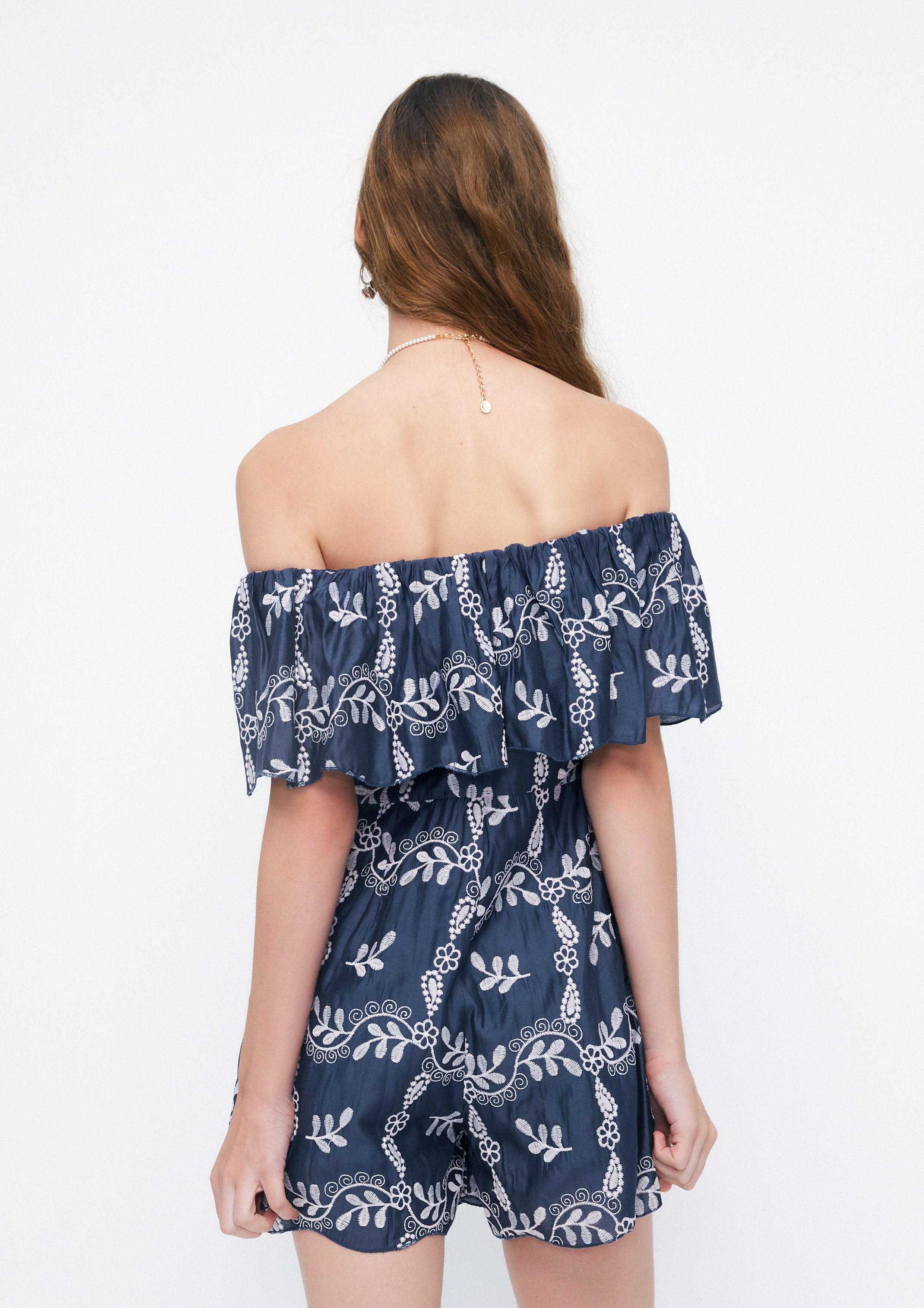 Floral Vines Embroidery Ruffle Off-Shoulder Romper Retro Rewind Collection