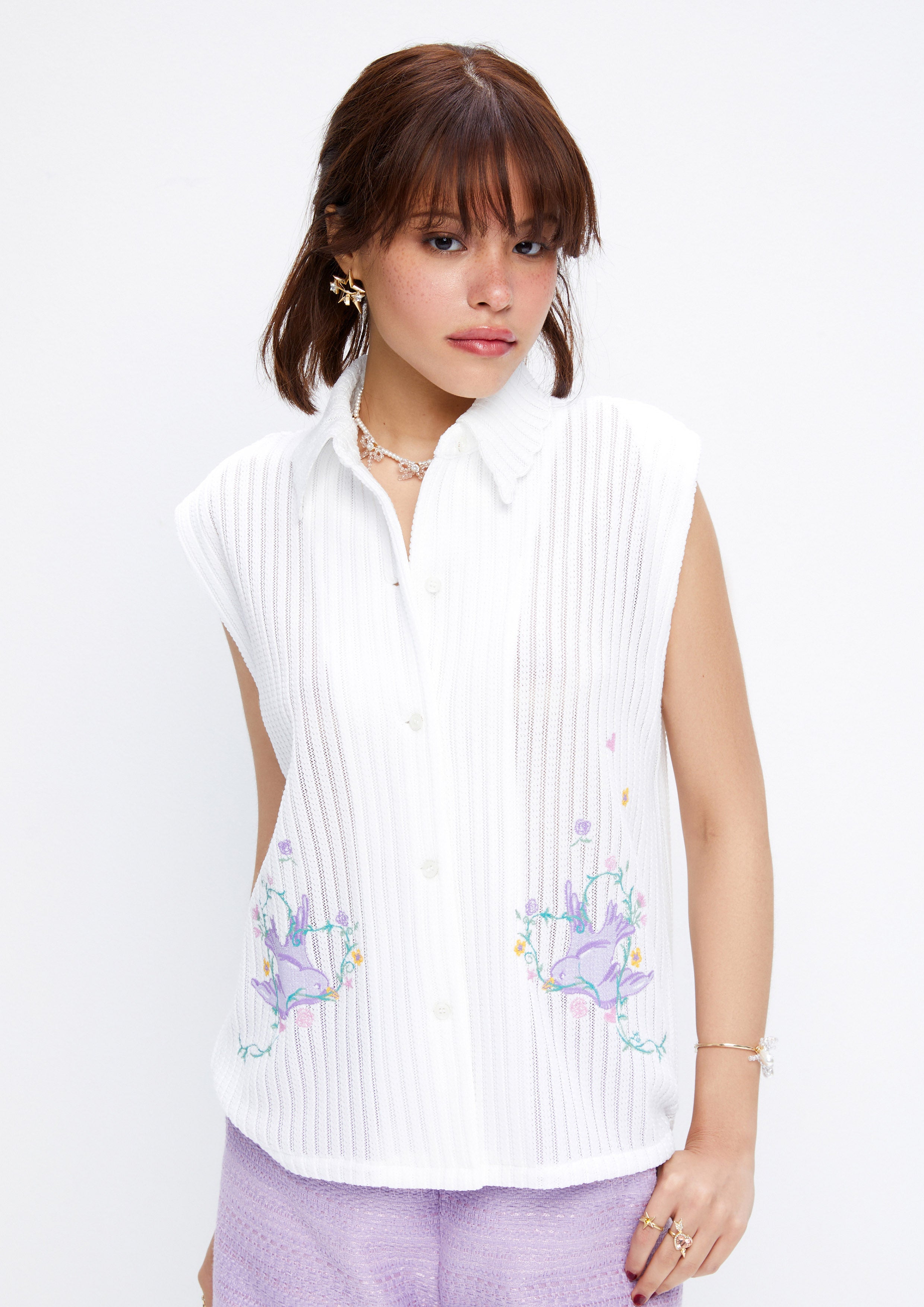 Bird Embroidered Sleeveless Knitted Shirt Dreamweaver Troop Collection