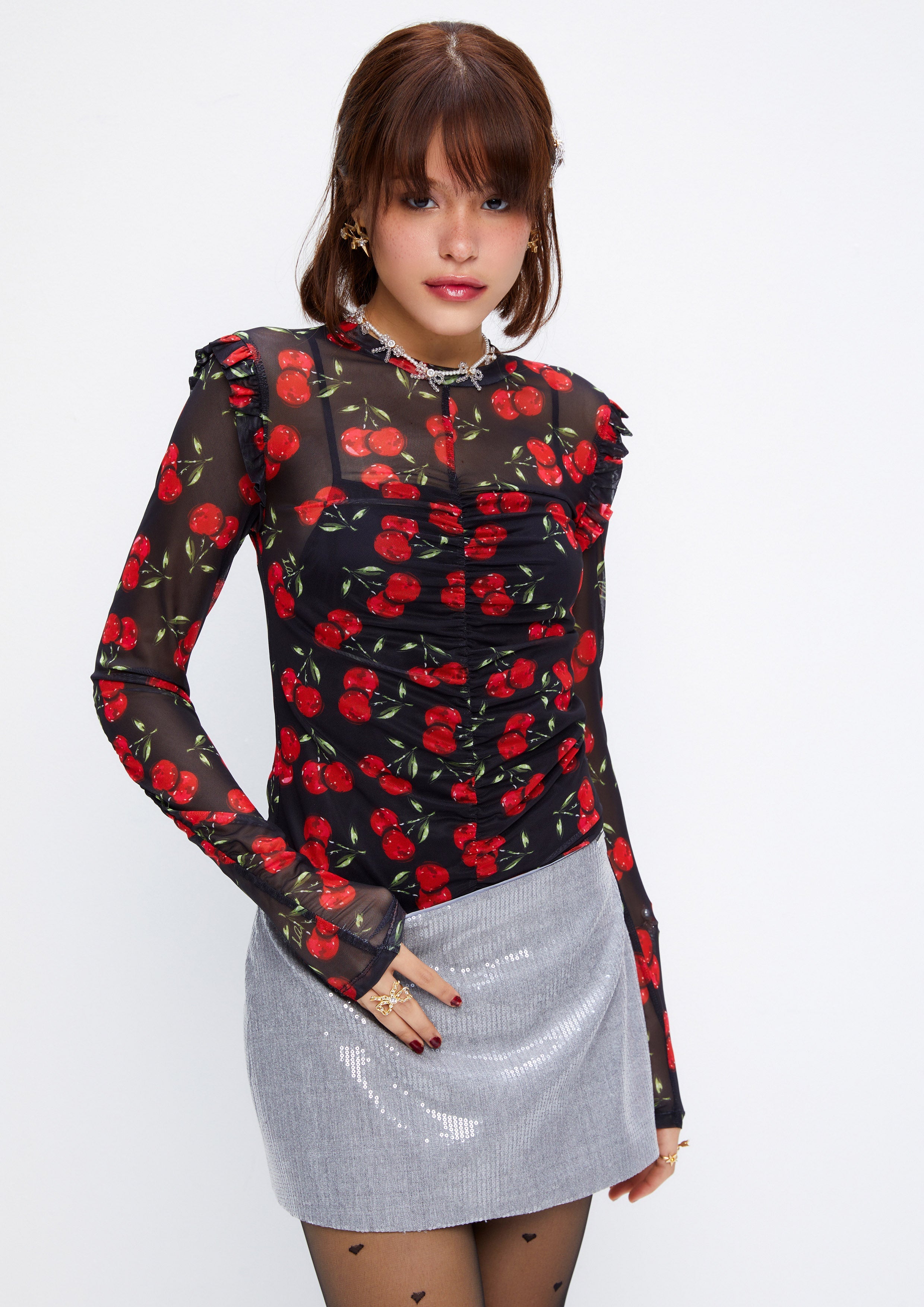 Cherry Printed Mesh Sheer Long Sleeeve Top Retro Rewind Collection