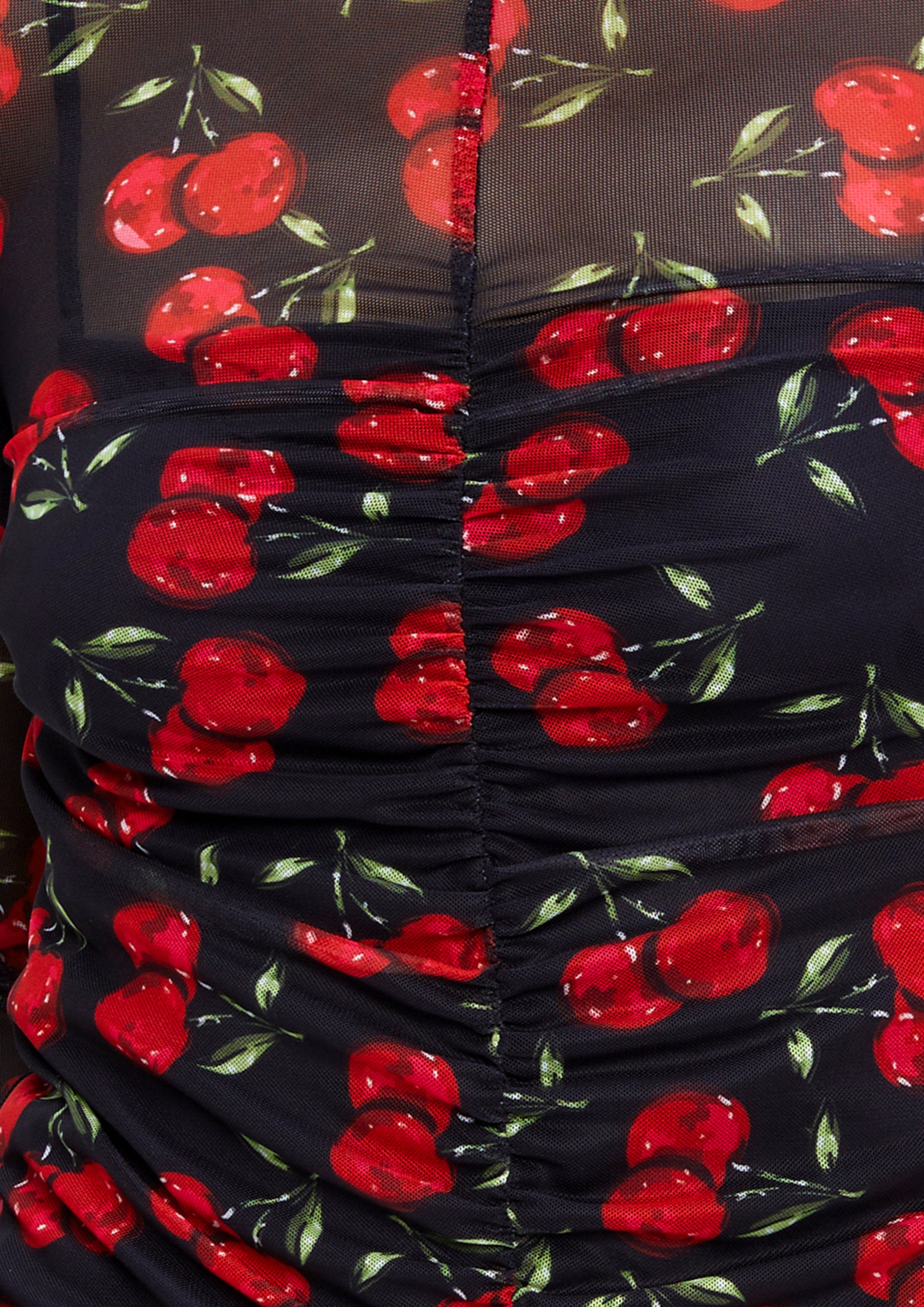 Cherry Printed Mesh Sheer Long Sleeeve Top Retro Rewind Collection