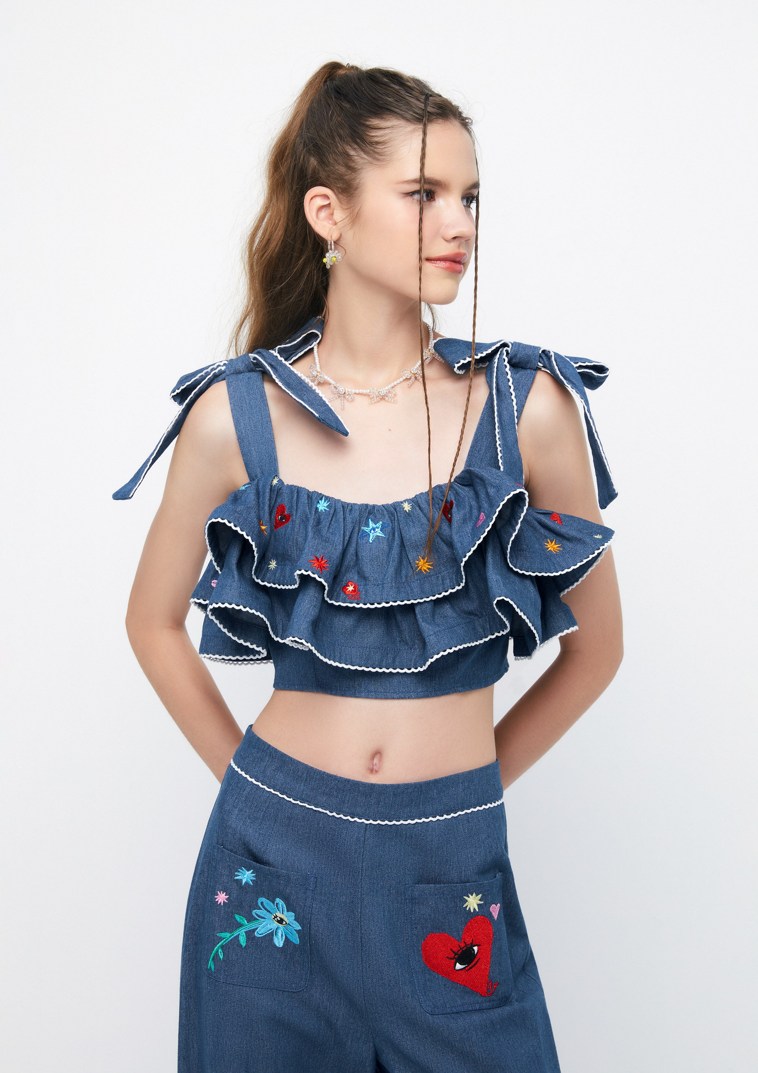 Cosmic Fantasy Ruffle Denim Crop Top Retro Rewind Collection