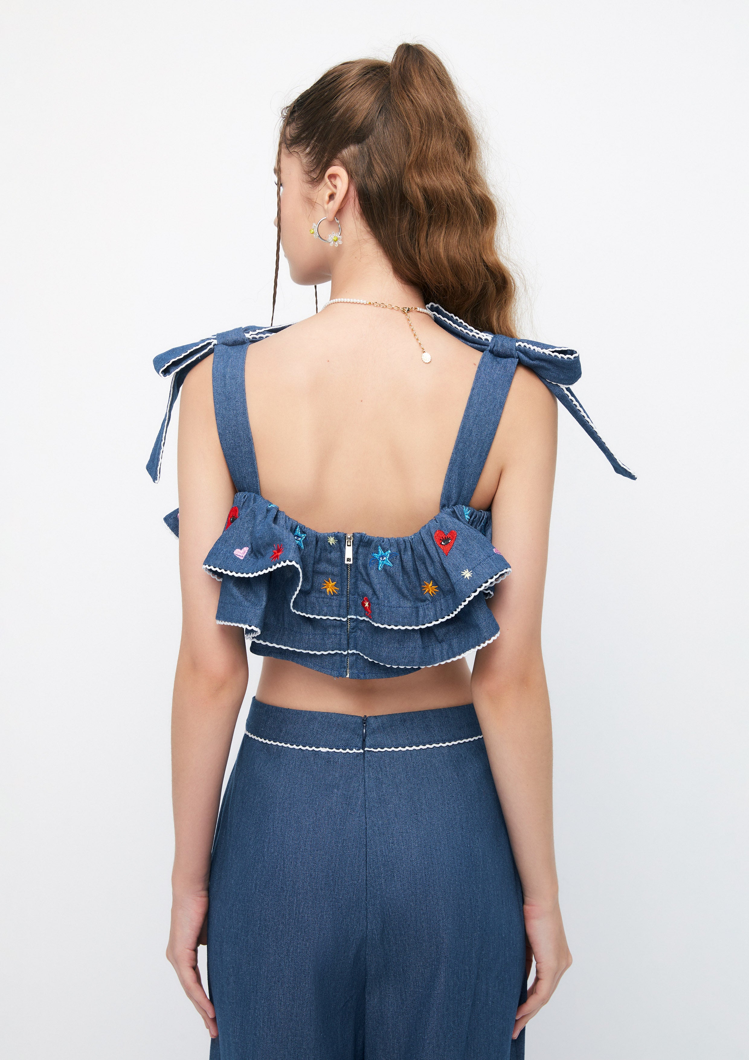 Cosmic Fantasy Ruffle Denim Crop Top Retro Rewind Collection