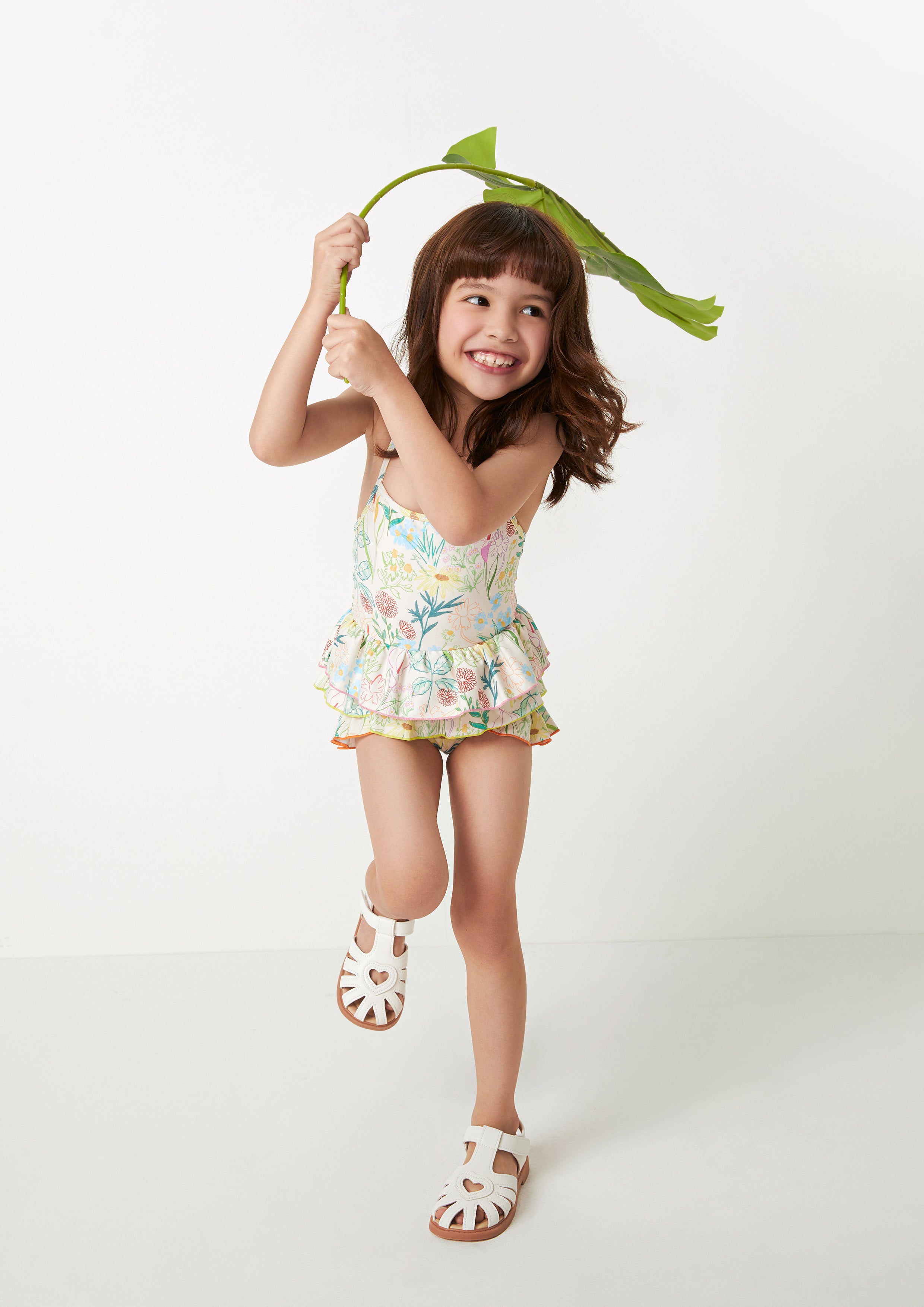 Floral Ruffle Tiered One-Piece Swimsuit For Girls Flower Field