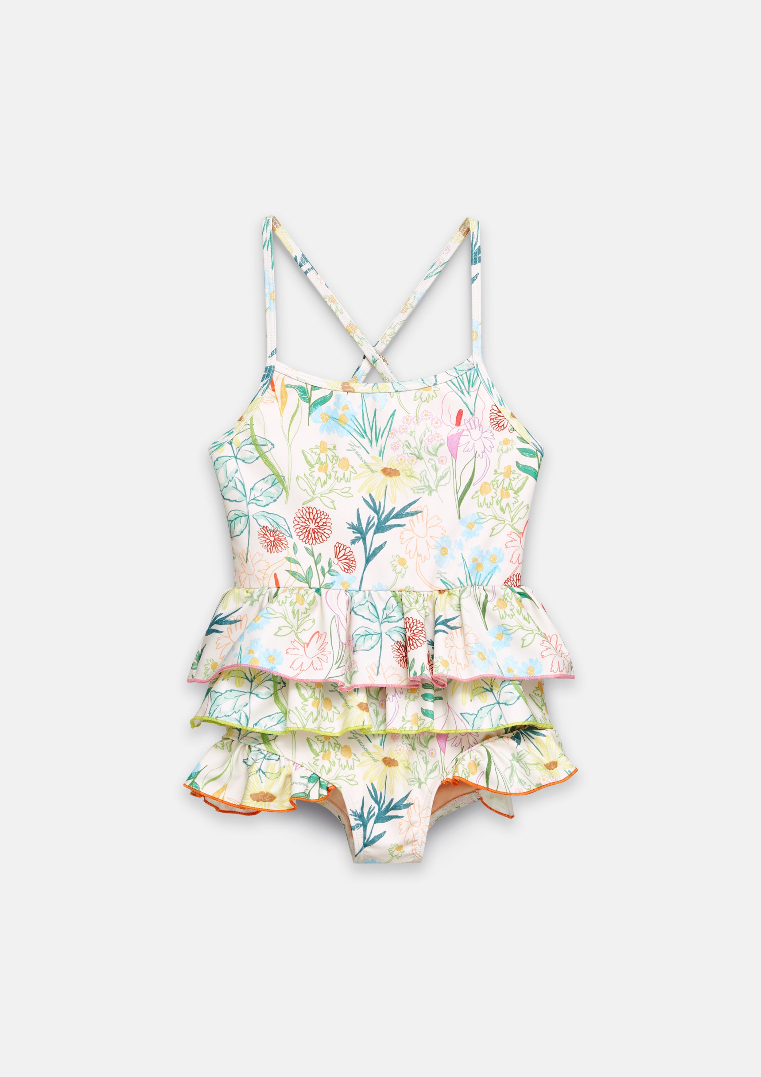 Floral Ruffle Tiered One-Piece Swimsuit For Girls Flower Field