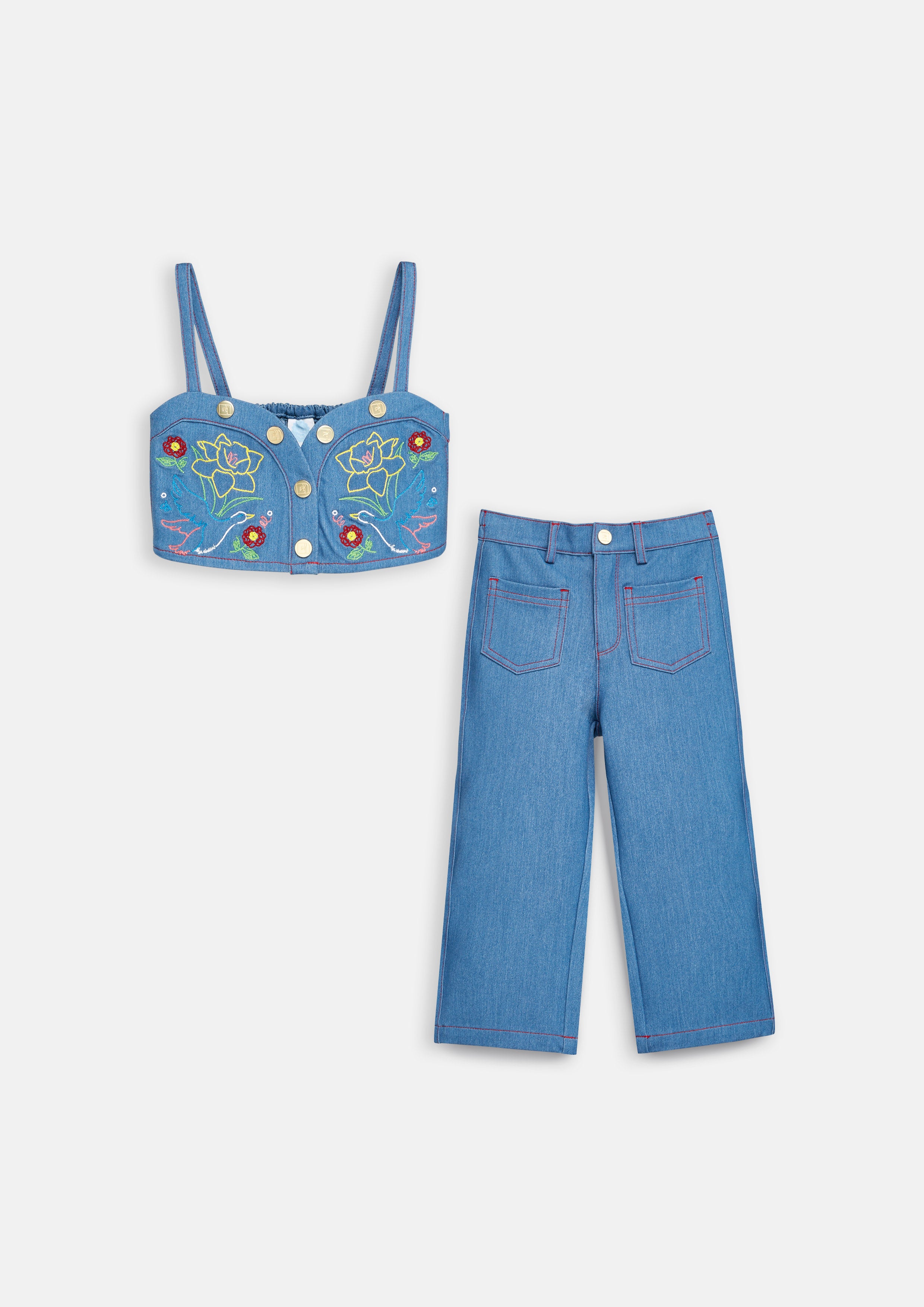 Floral Denim Crop Top and Jeans Ensemble Set