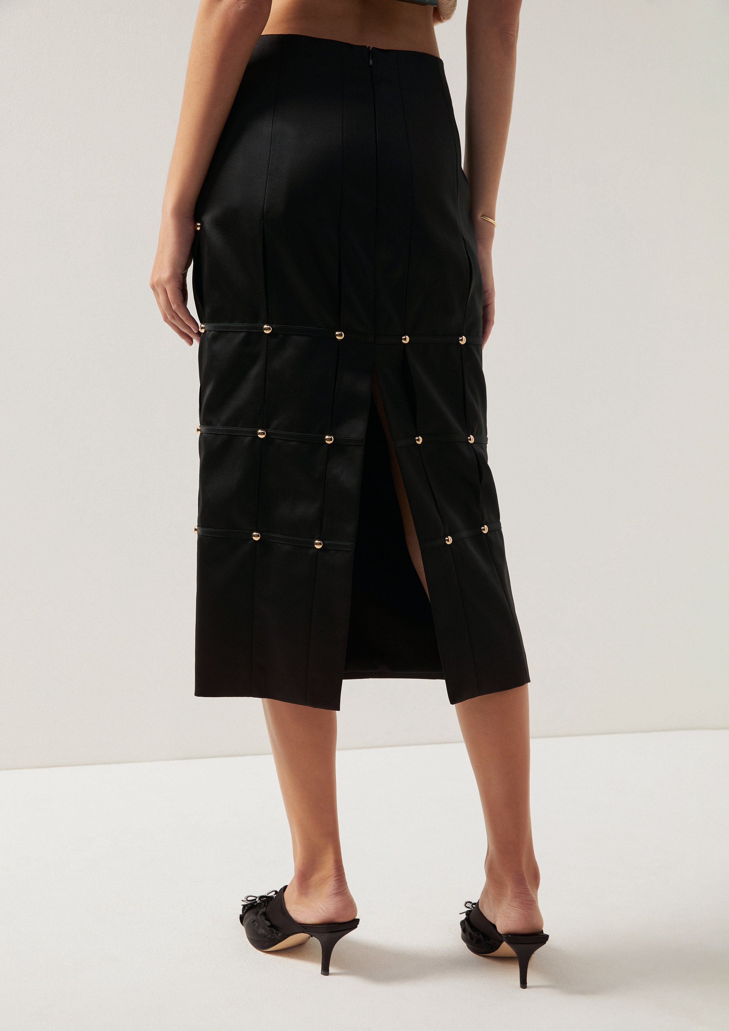 Metallic Studs Pleated Midi Pencil Skirt