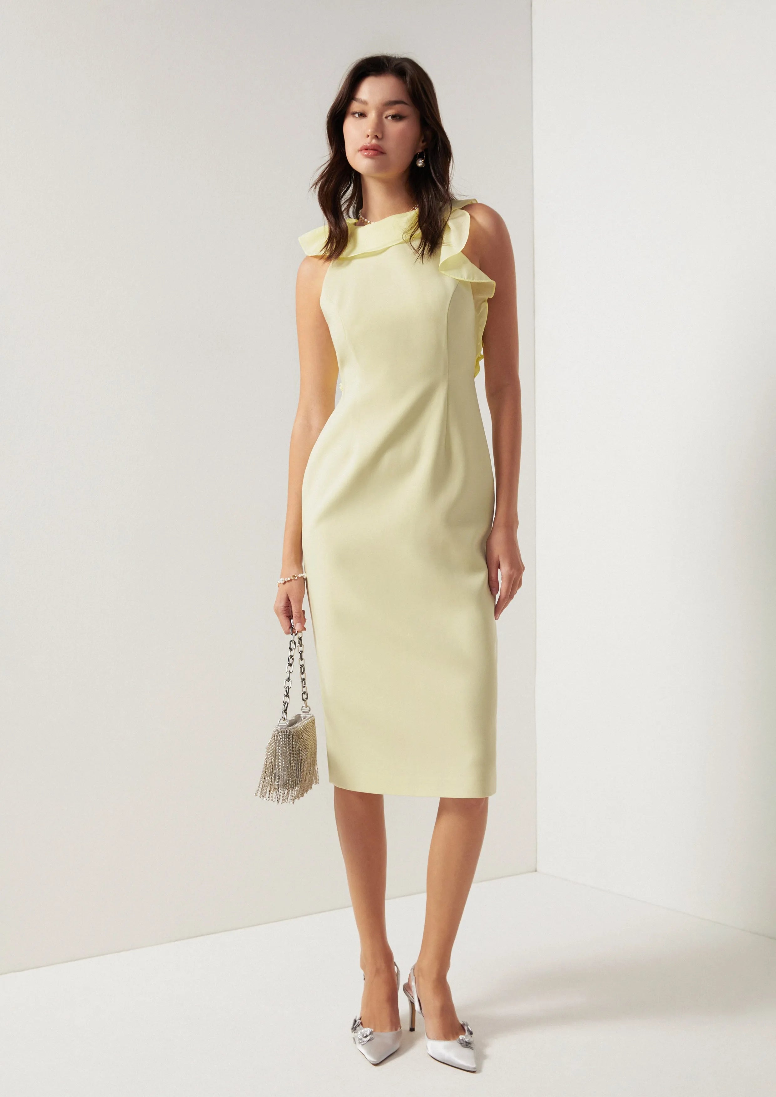 Lemon Frost Ruffle Midi Dress