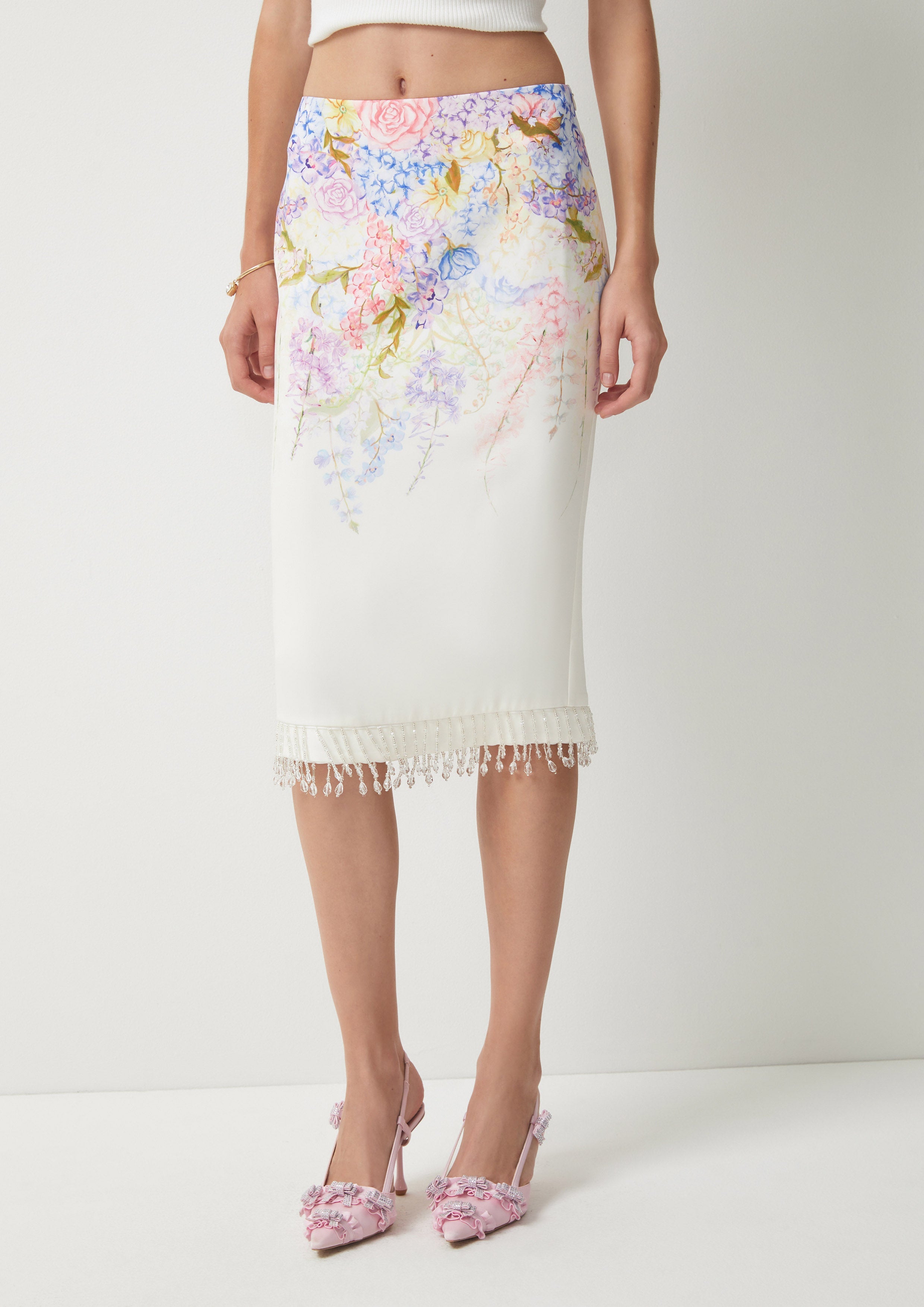 Floral Midi Pencil Skirt Dew-kissed Meadows