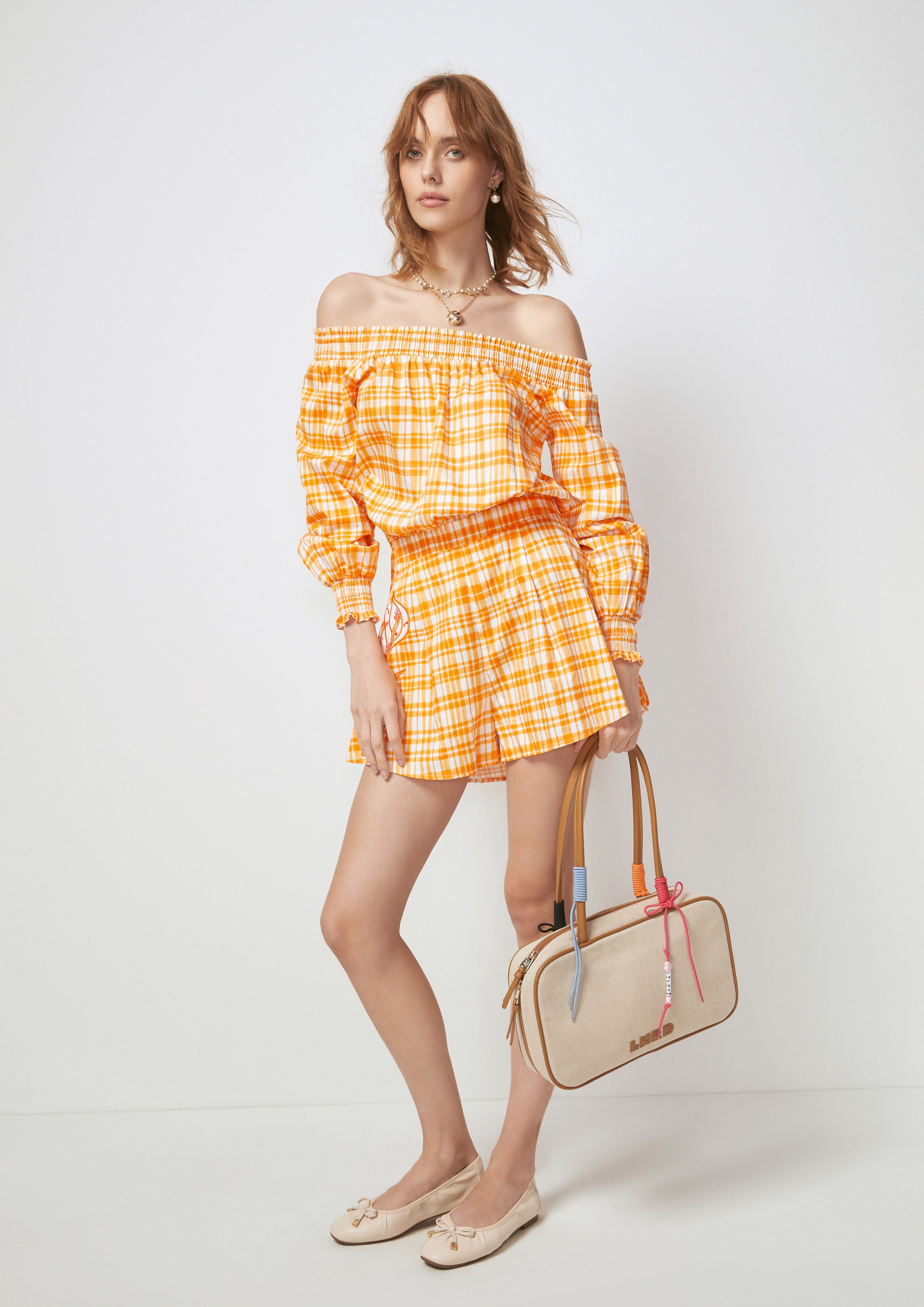 Plaid Off-Shoulder Romper Petals Galore