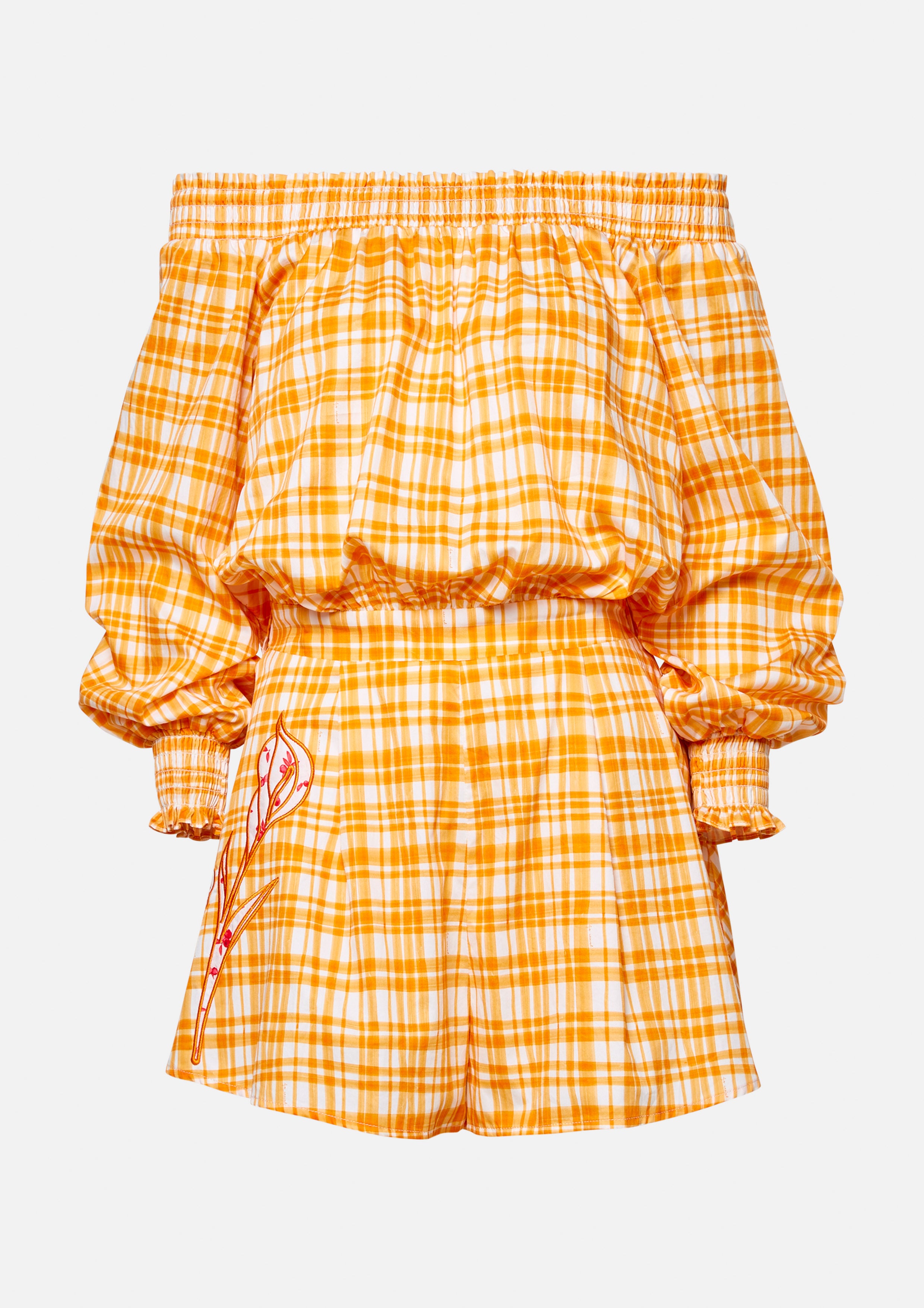 Plaid Off-Shoulder Romper Petals Galore