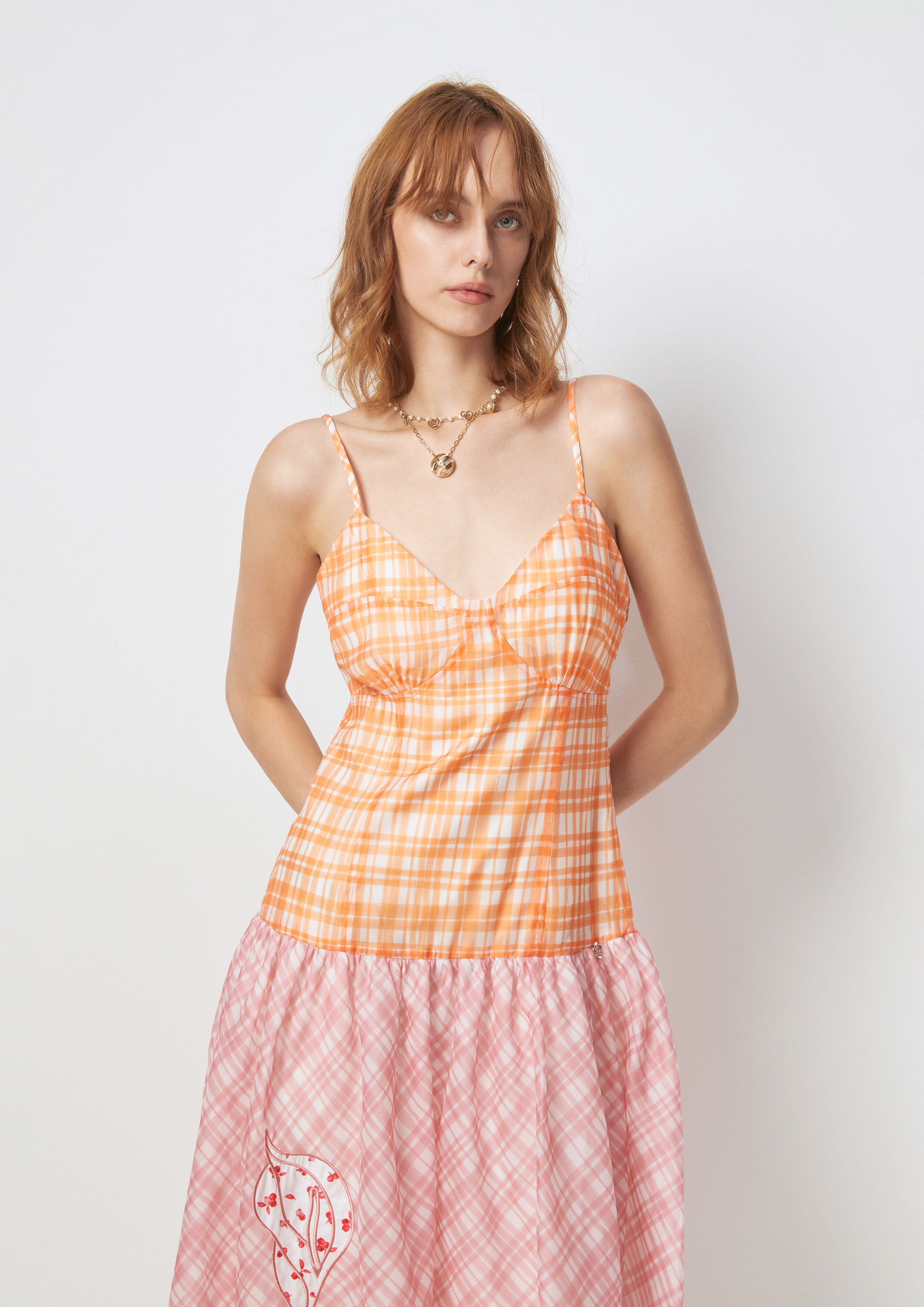 Dual Plaid Tulip Embroidered Midi Slip Dress Petals Galore