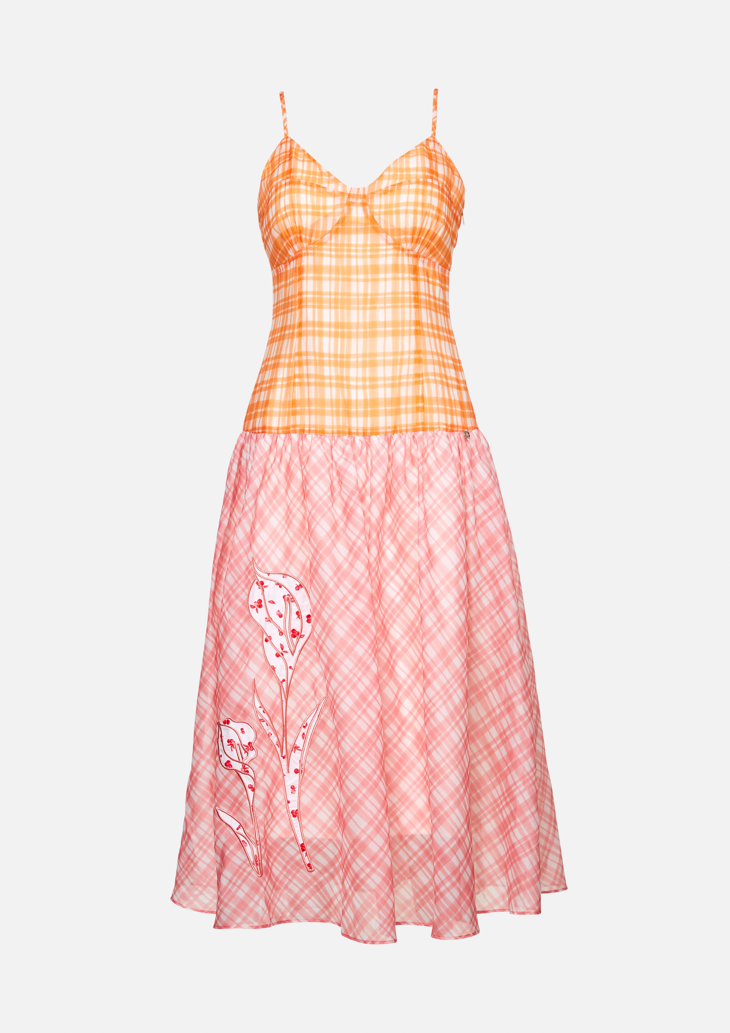 Dual Plaid Tulip Embroidered Midi Slip Dress Petals Galore