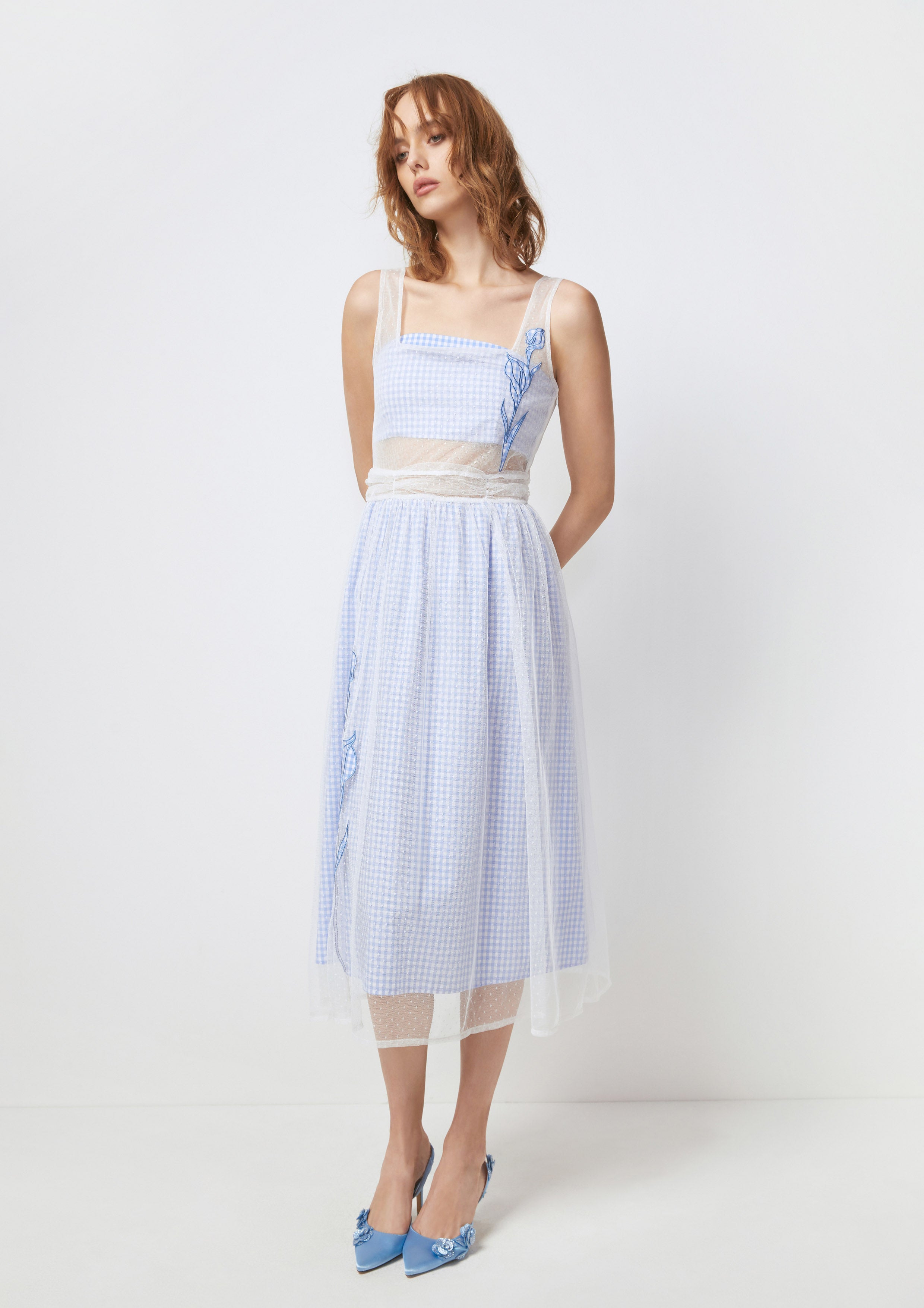 Gingham Embroidered Midi Dress Petals Galore