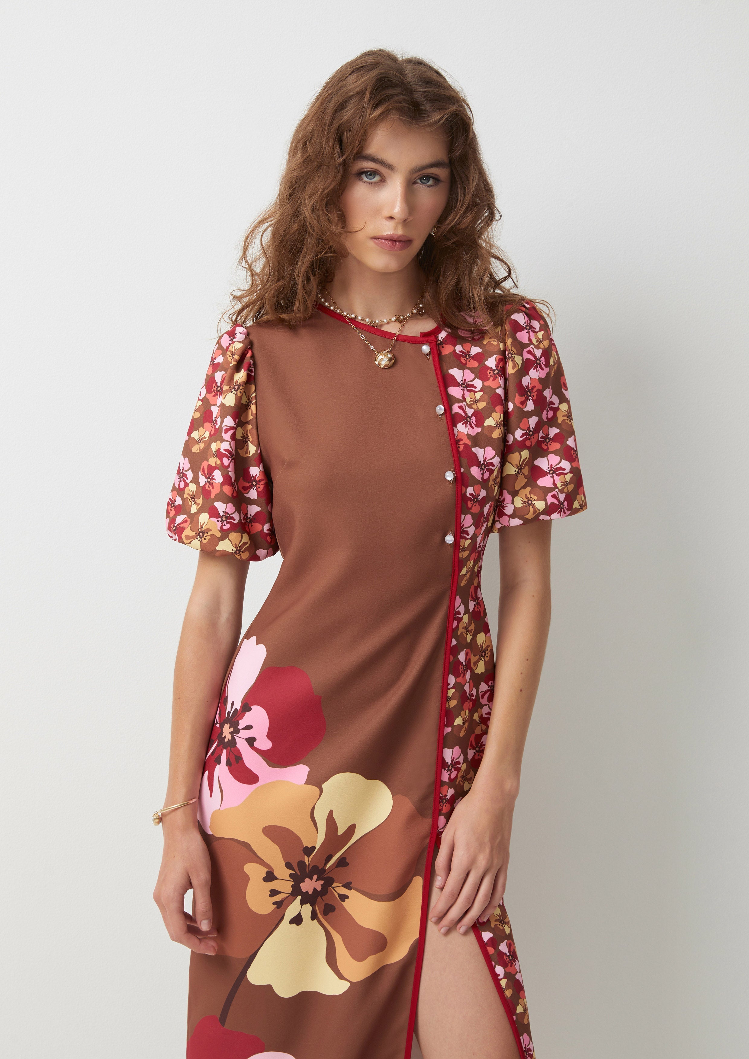 Floral Side Slit Puff-Sleeve Midi Dress Symphony of Petals