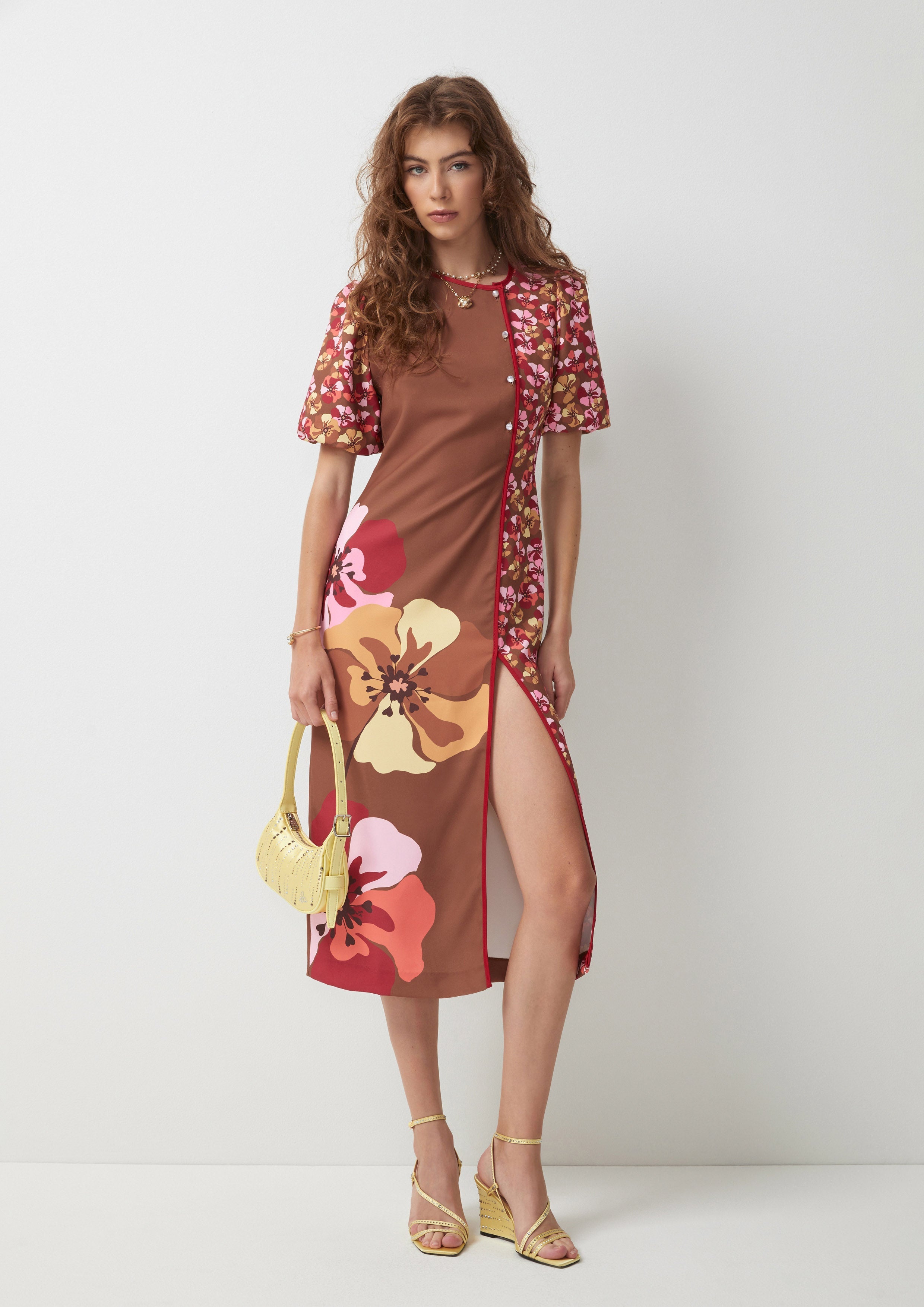 Floral Side Slit Puff-Sleeve Midi Dress Symphony of Petals