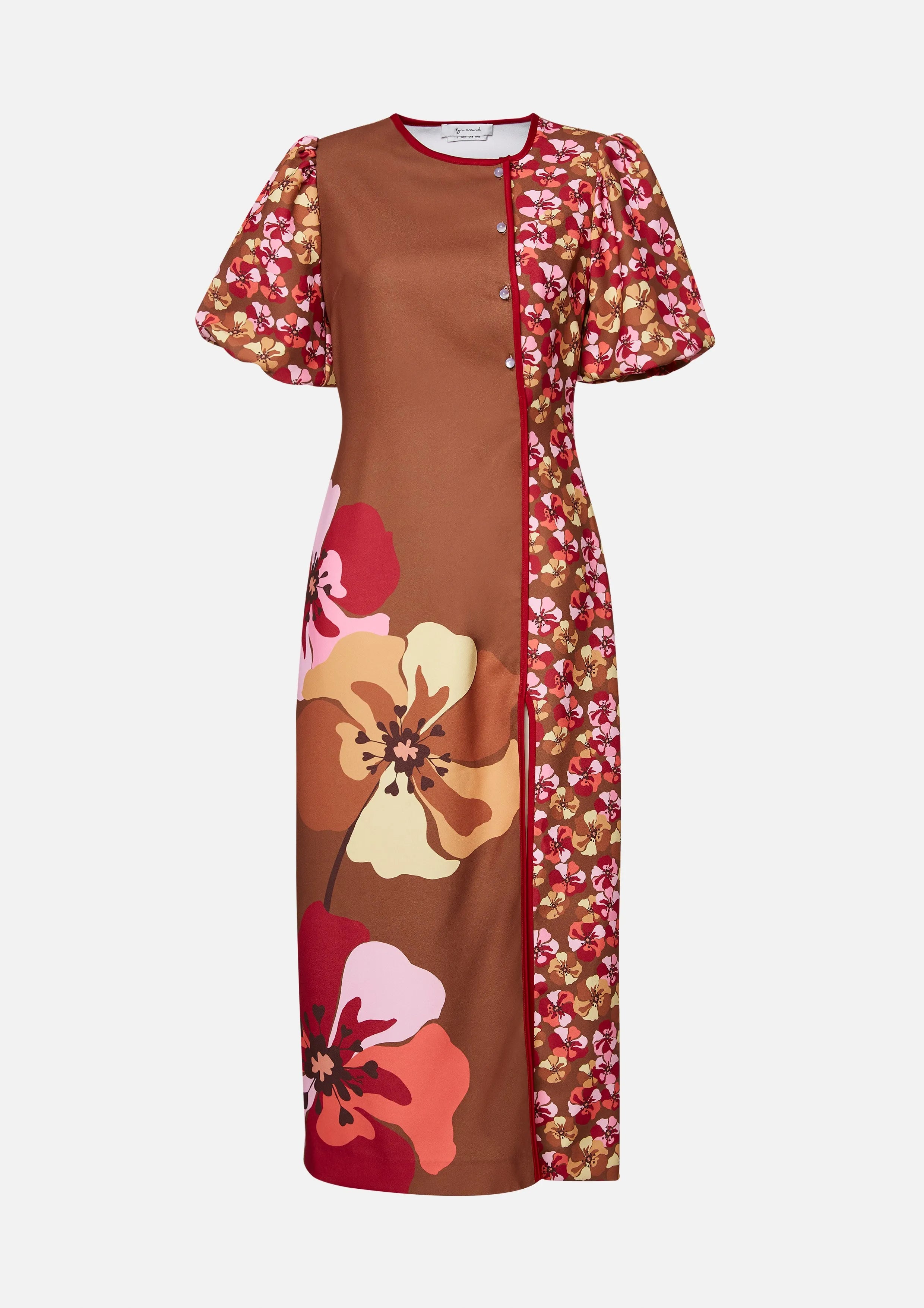 Floral Side Slit Puff-Sleeve Midi Dress Symphony of Petals