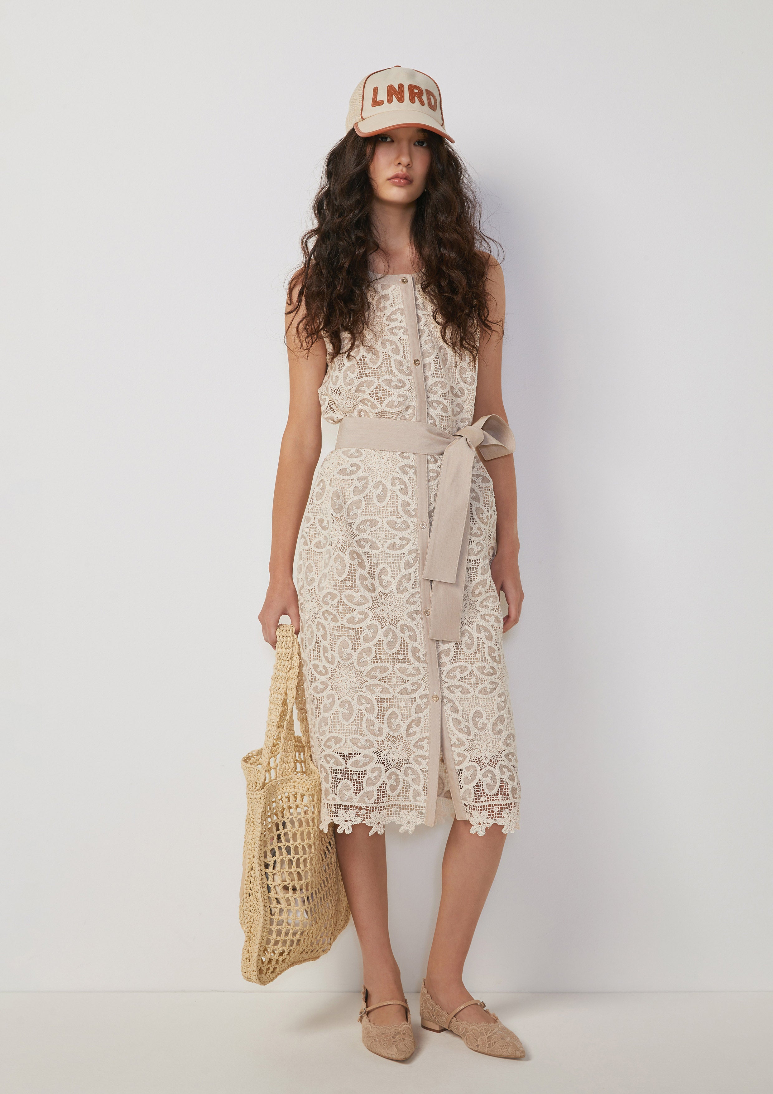 Button-Down Lace Dress with Sash Belt Joyful Bloom