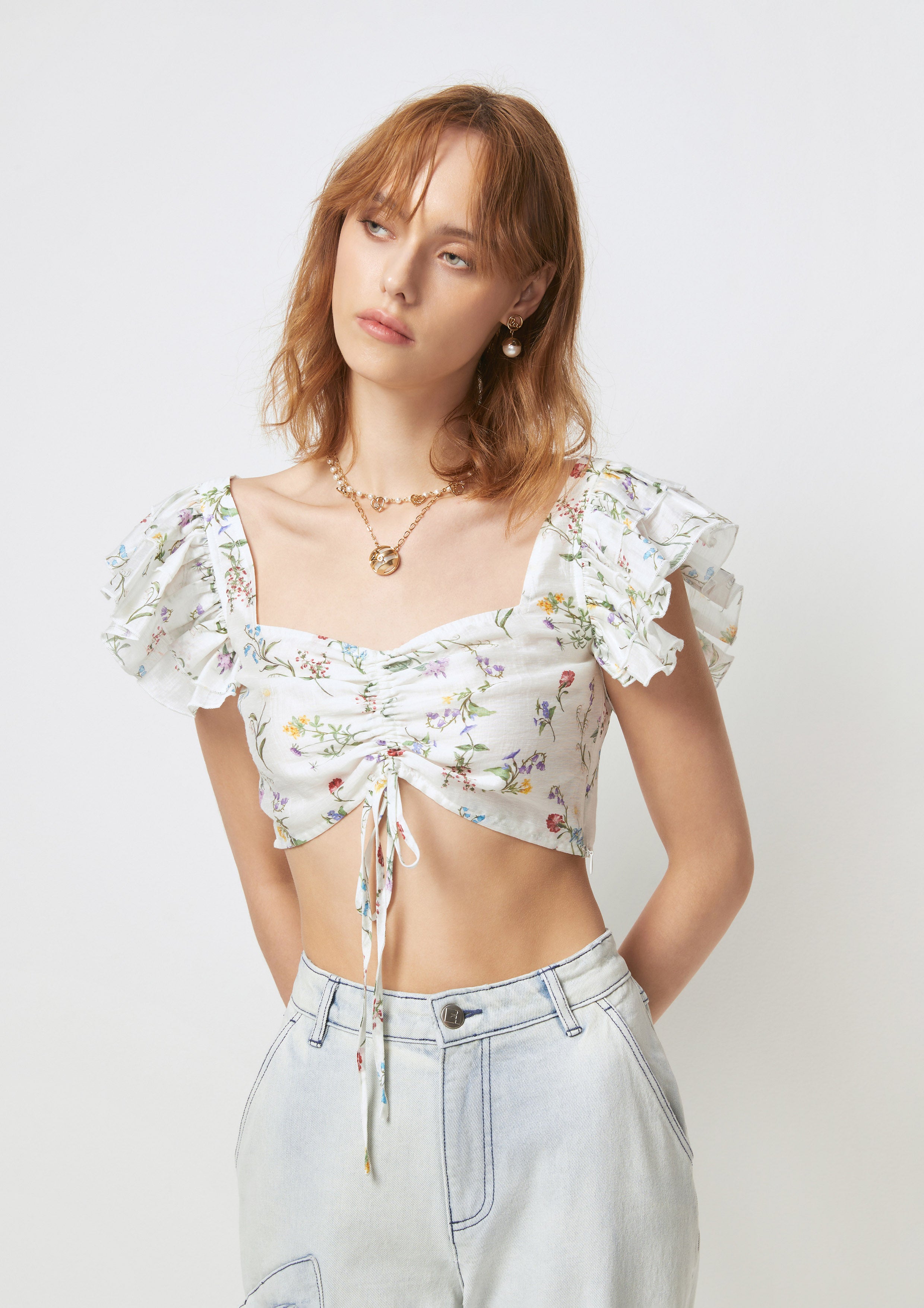 Floral Ruffle Shoulder Cropped Top Posy Bouquet