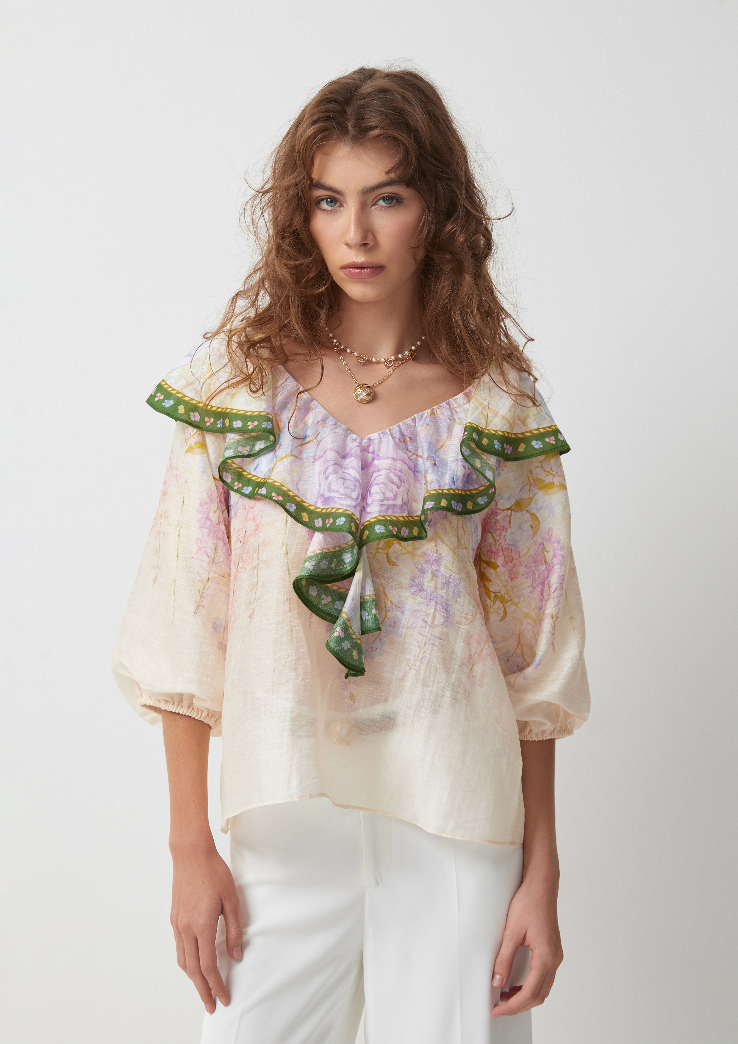 Floral Ruffle Trim Blouse Dew-kissed Meadows