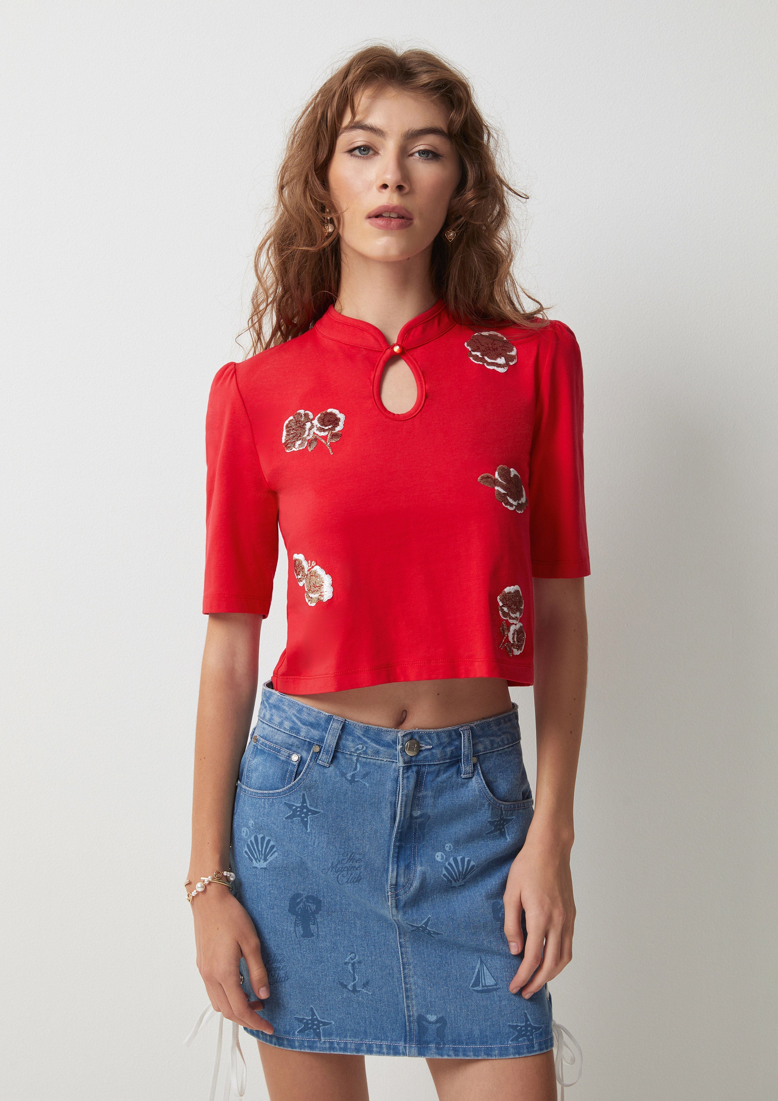 Floral Embroidery Mandarin Cropped Top Symphony of Petals