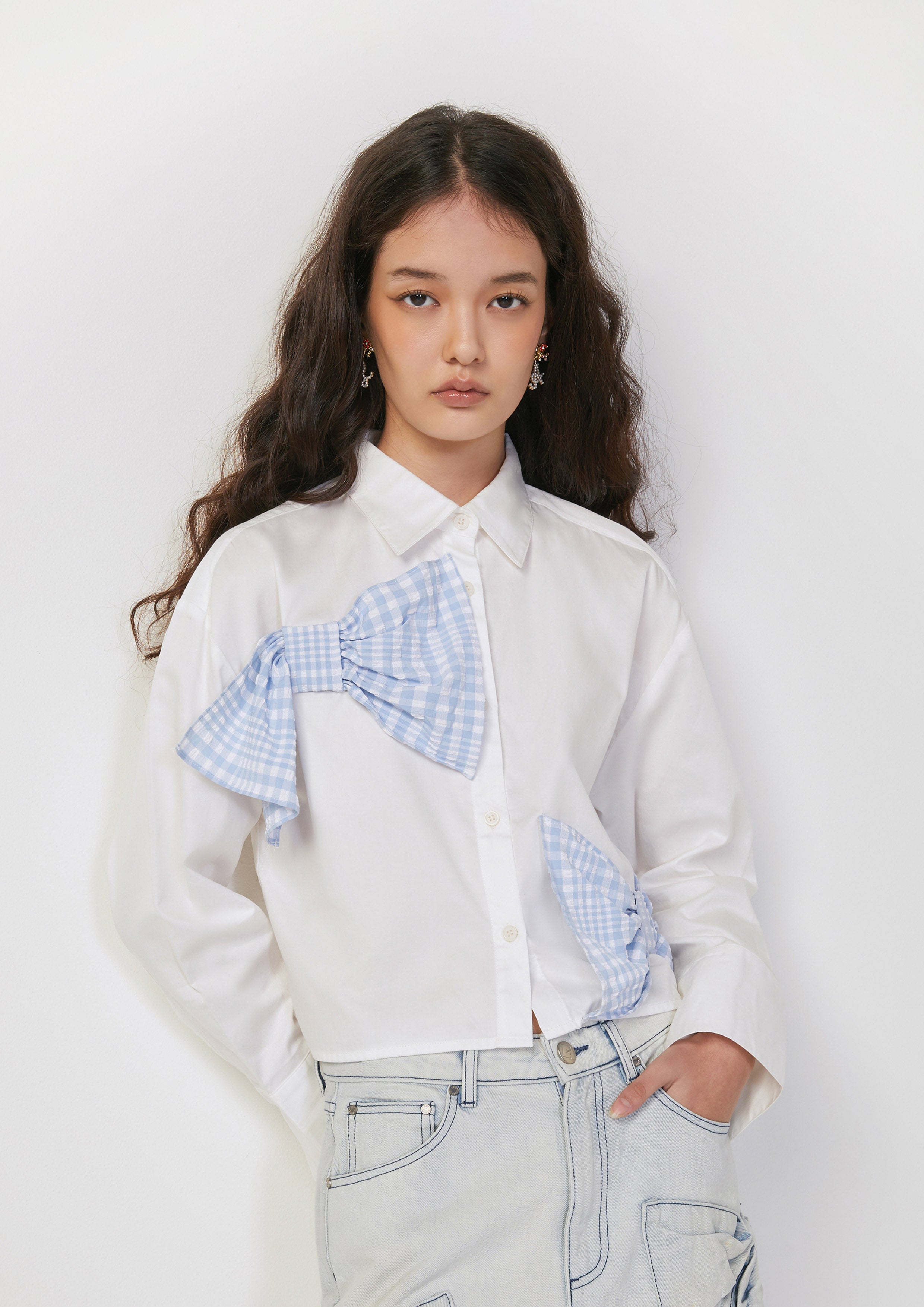 Cropped Shirt with Bow Appliqués Tartan Lover