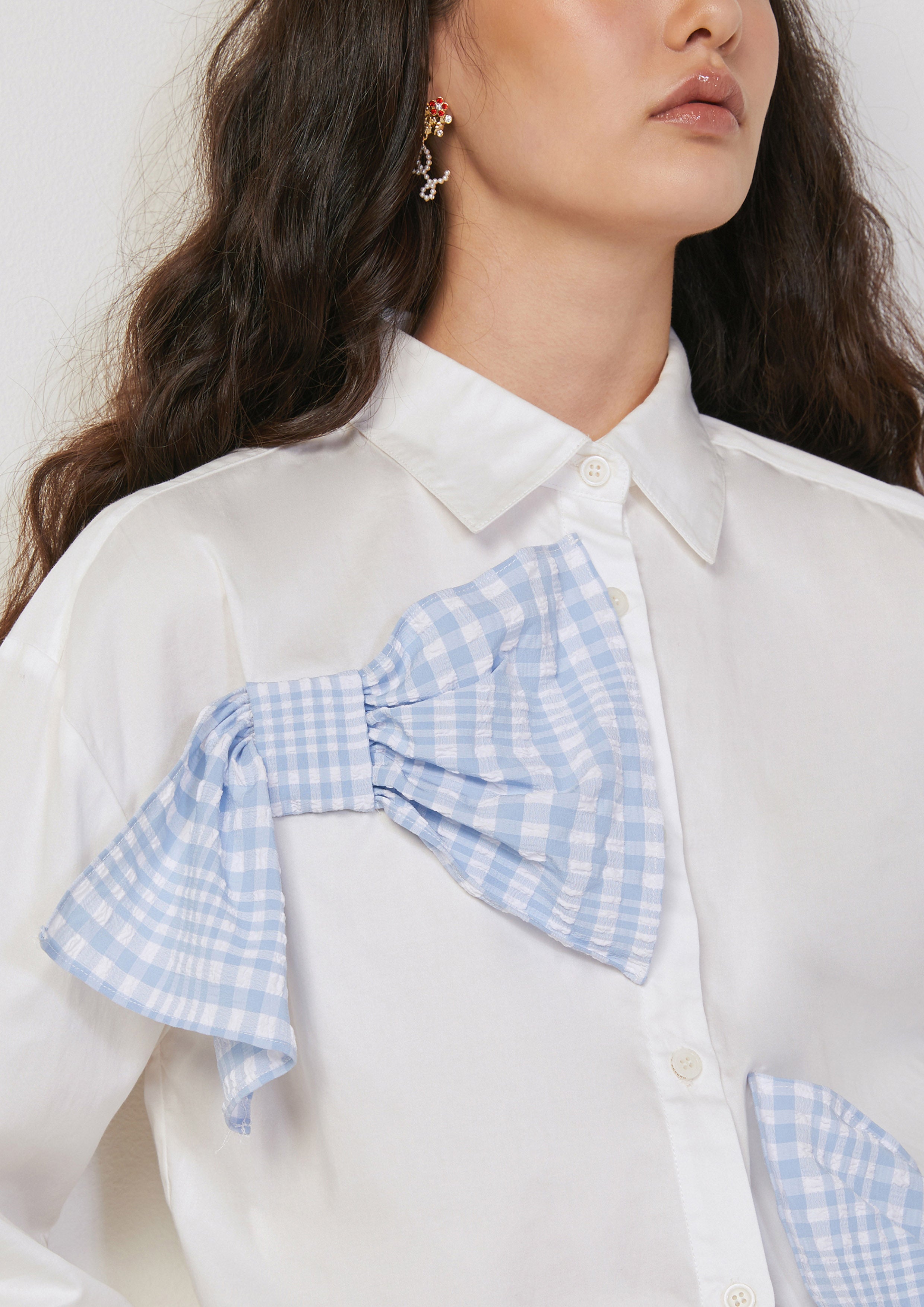 Cropped Shirt with Bow Appliqués Tartan Lover