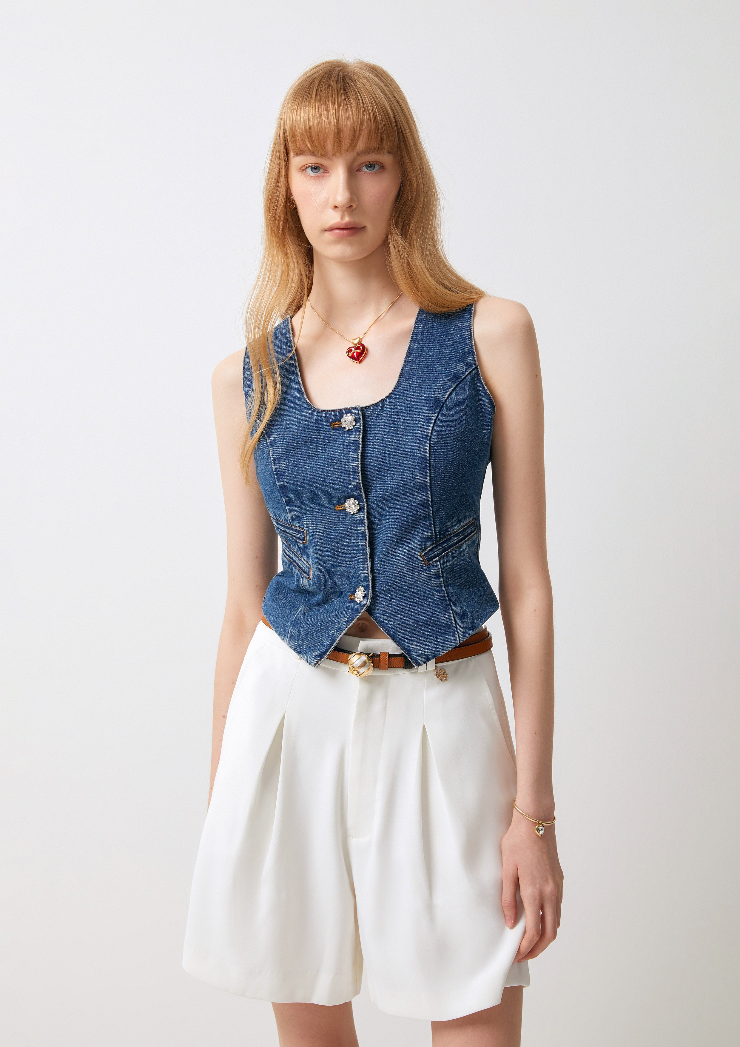 Crystal Buttons Denim Vest Cool Girl