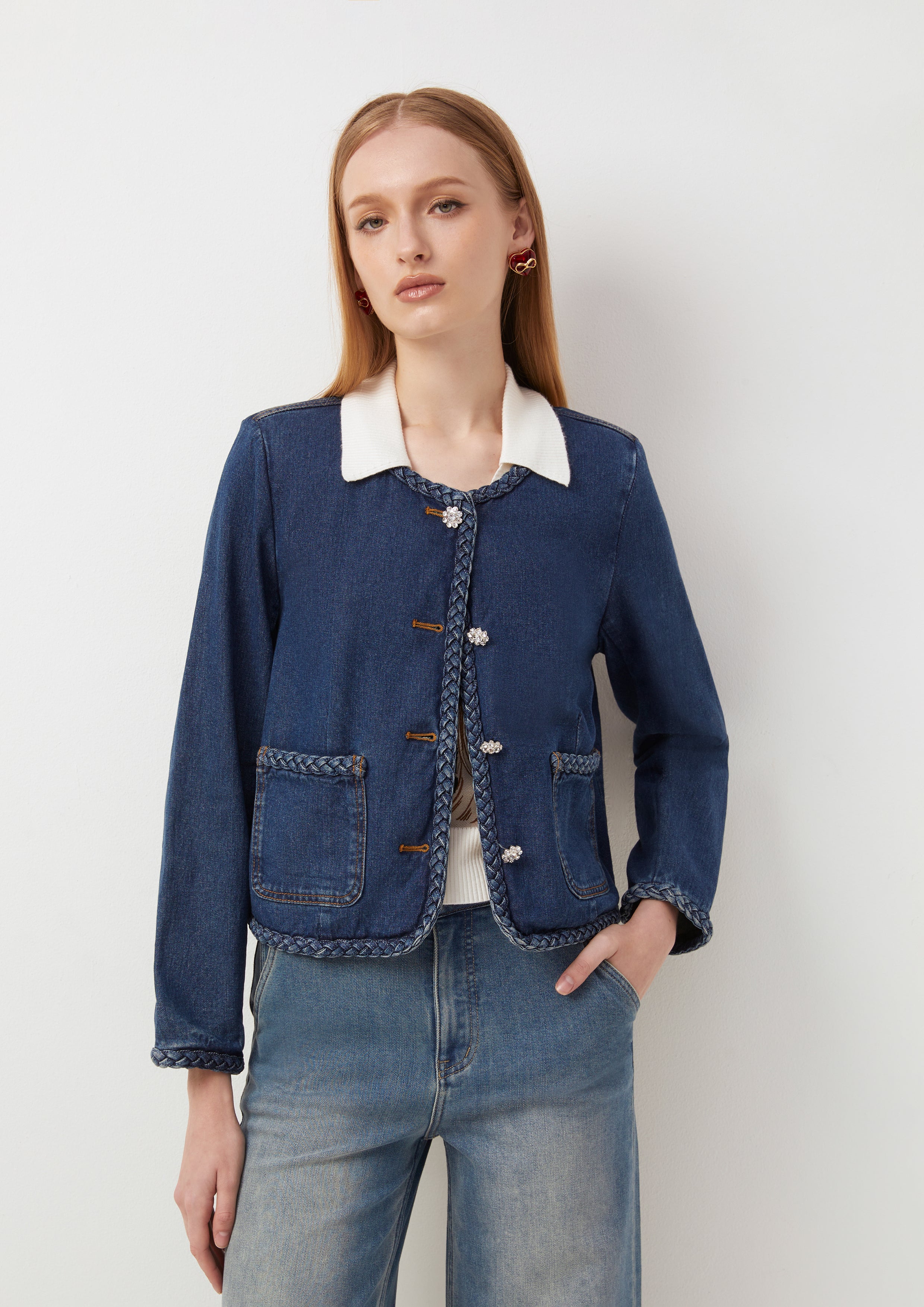 Woven Knit Trim Denim Jacket Cool Girl