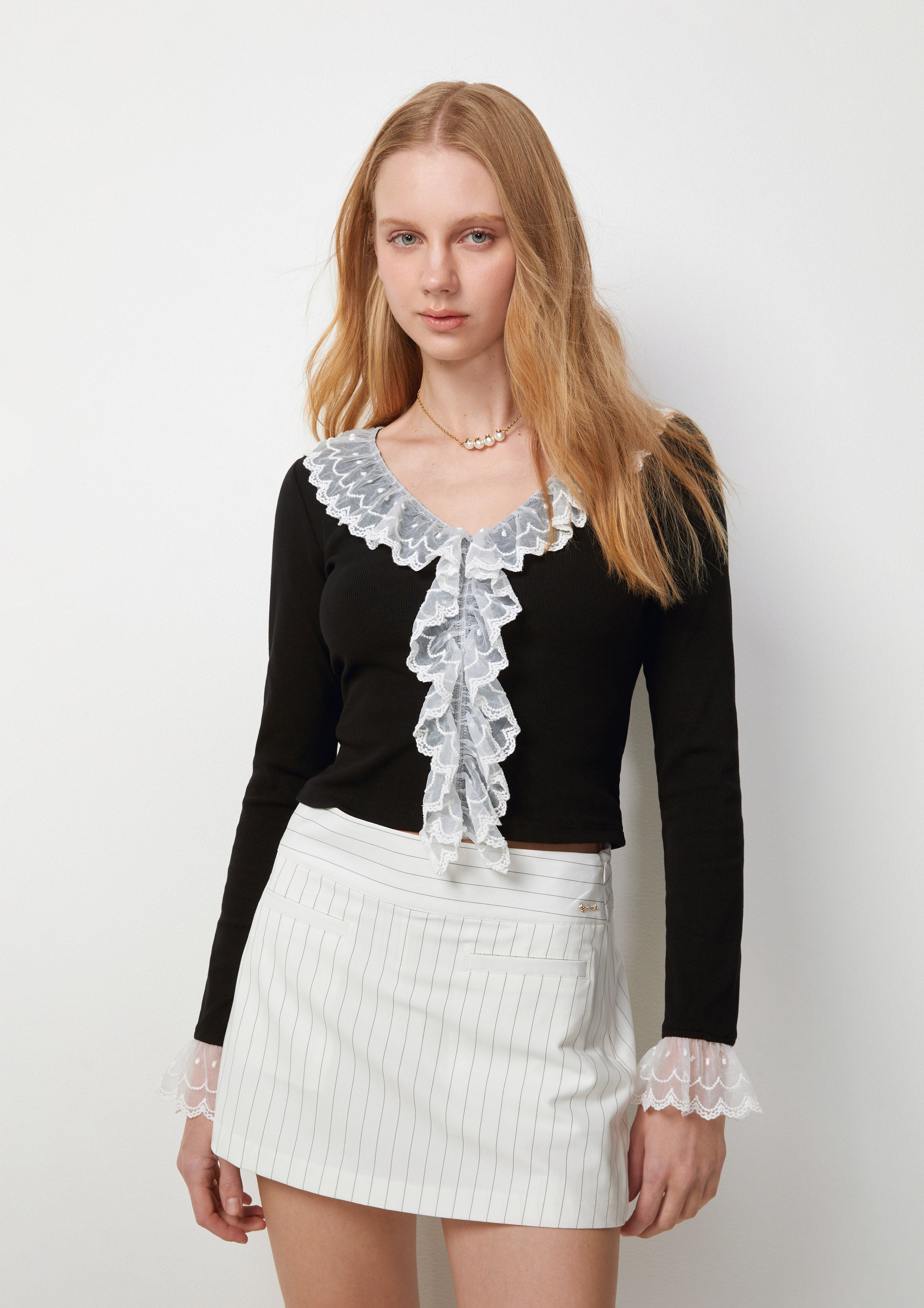 Lace Trim Long Sleeve Top Too Cool For School